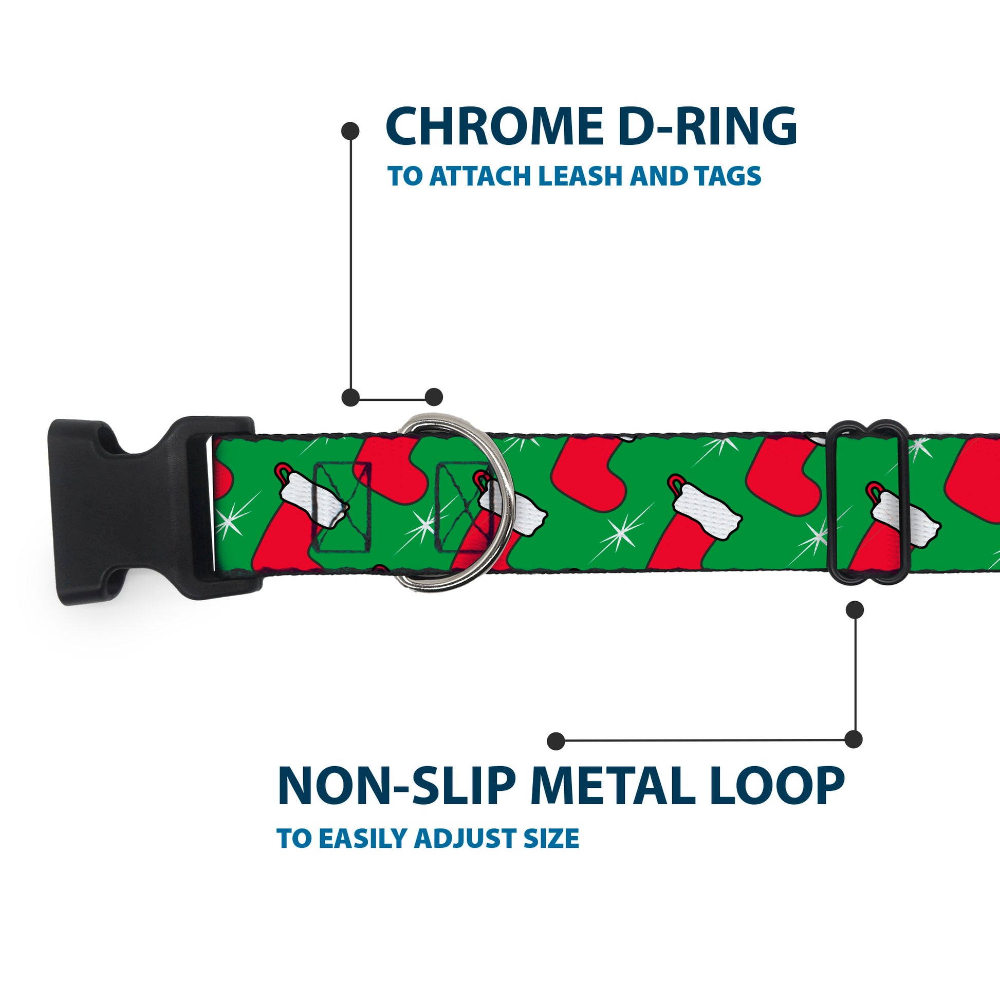 Plastic Clip Collar - Holiday Christmas Stocking and Star Green/WhiteRed Plastic Clip Collars Buckle-Down