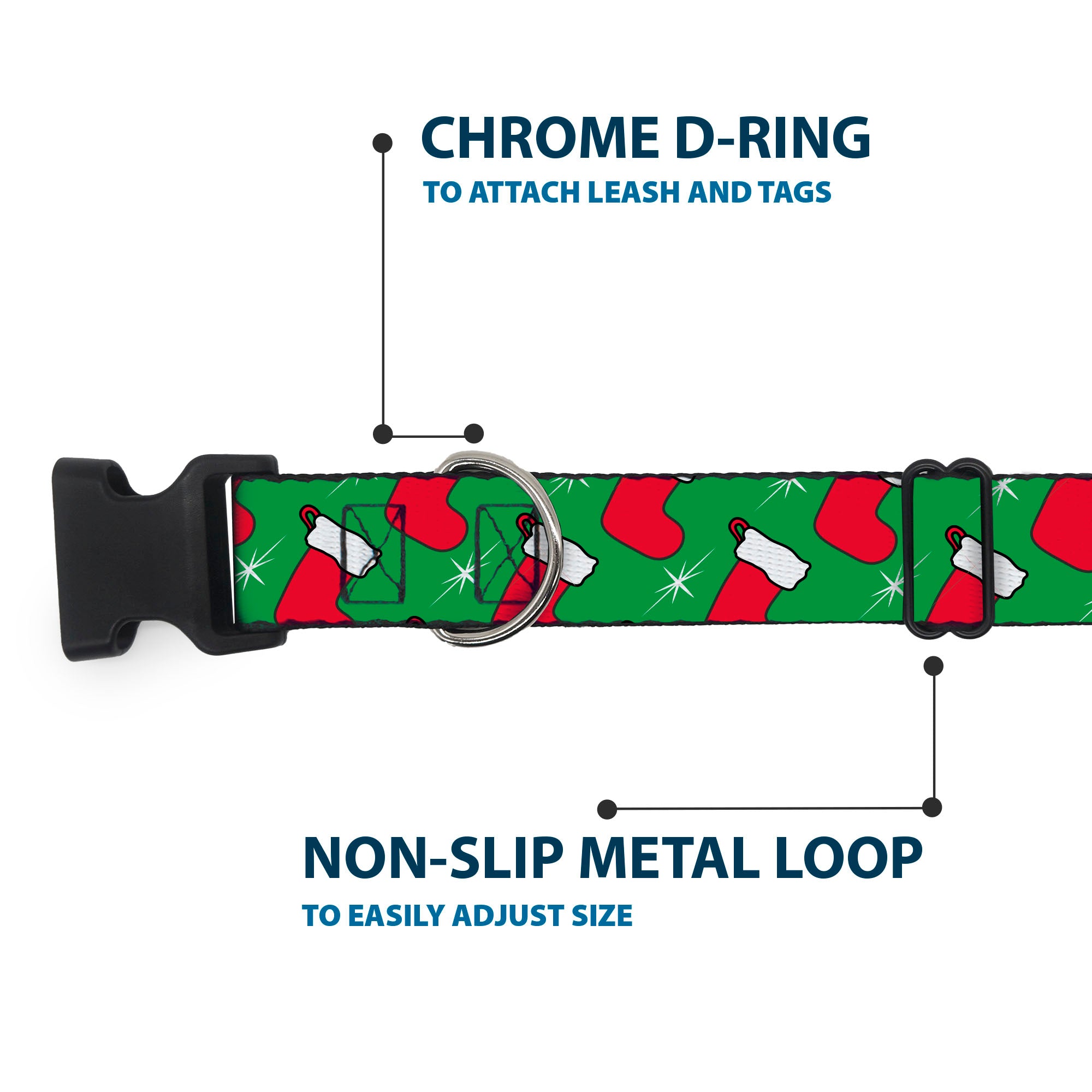 Plastic Clip Collar - Holiday Christmas Stocking and Star Green/WhiteRed Plastic Clip Collars Buckle-Down