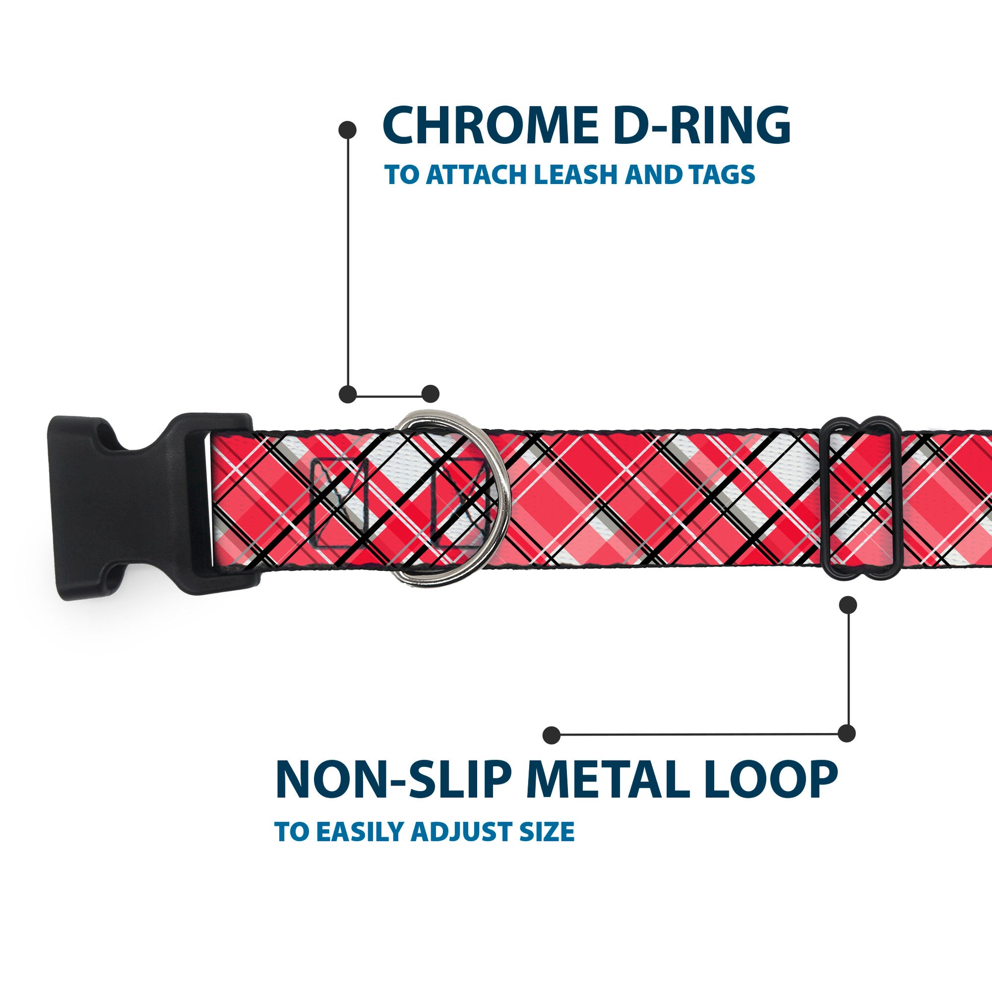 Plastic Clip Collar - Holiday Christmas Plaid Diagonal White/Red/Black Plastic Clip Collars Buckle-Down