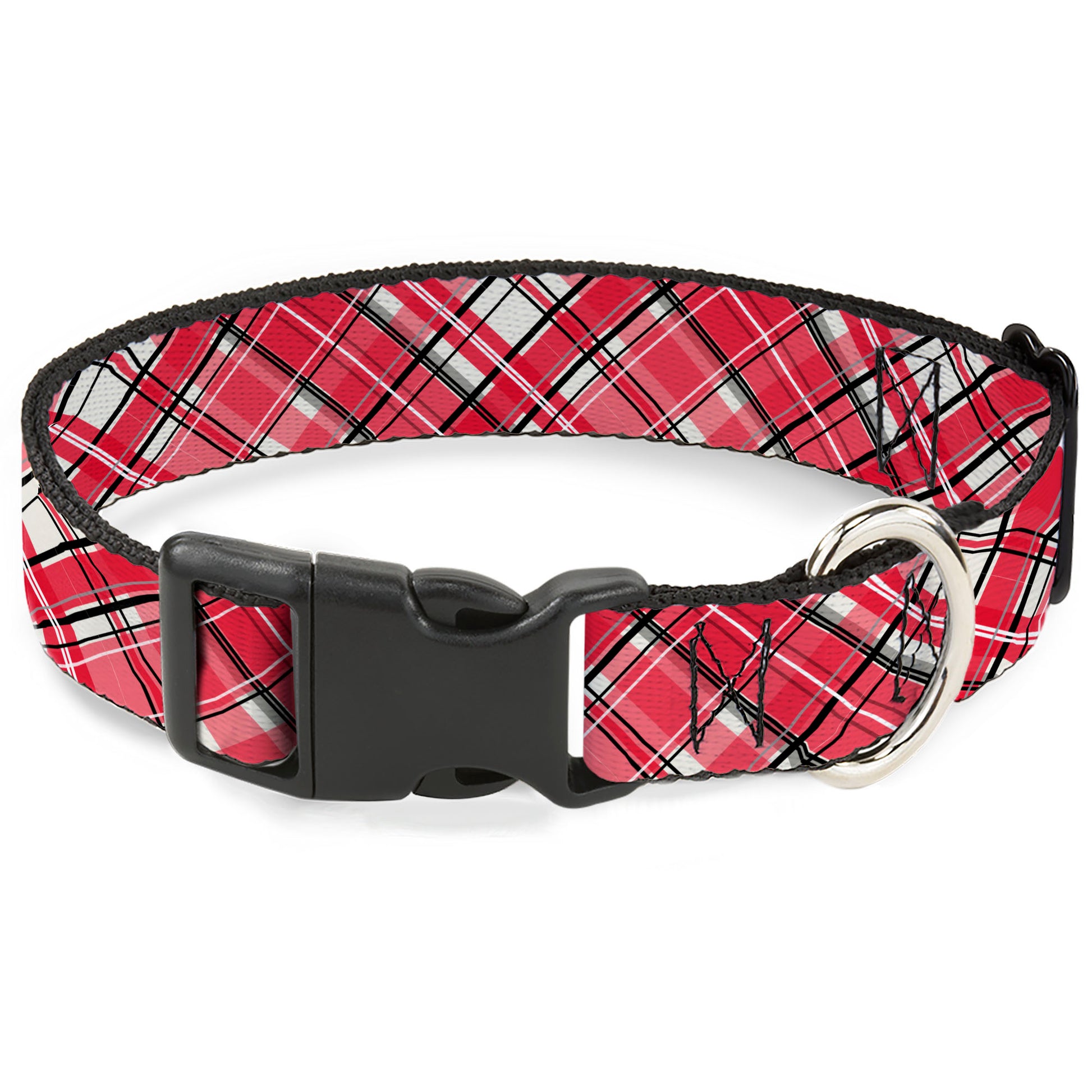 Plastic Clip Collar - Holiday Christmas Plaid Diagonal White/Red/Black Plastic Clip Collars Buckle-Down