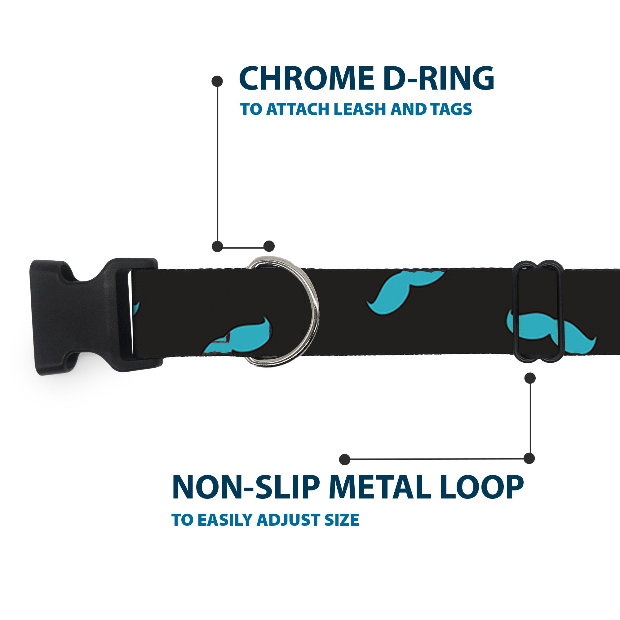 Plastic Clip Collar - Mustaches Scattered Black/Turquoise Plastic Clip Collars Buckle-Down