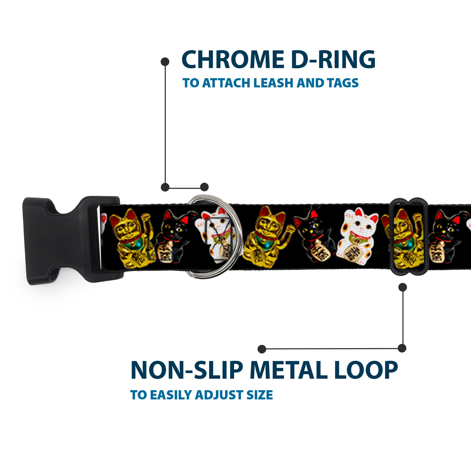 Plastic Clip Collar - Maneki Neko Lucky Cats Gold/Black/White Plastic Clip Collars Buckle-Down