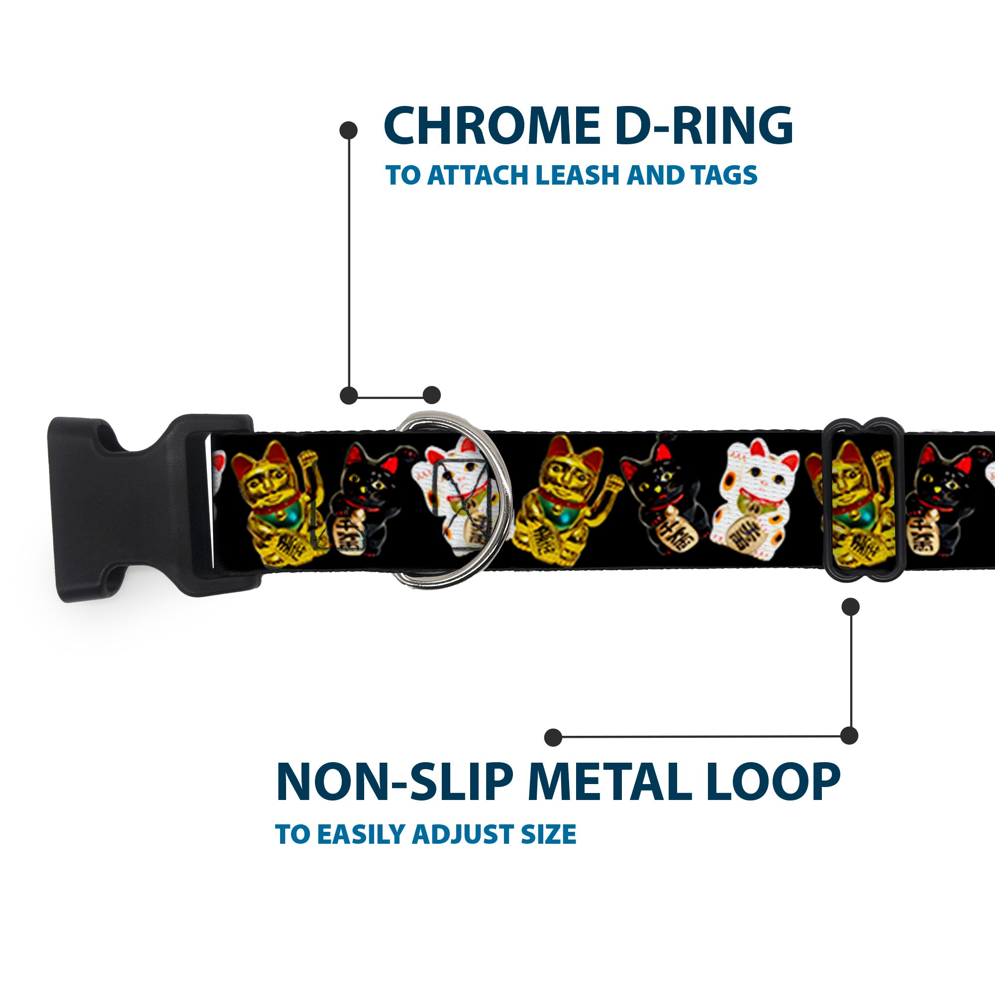 Plastic Clip Collar - Maneki Neko Lucky Cats Gold/Black/White Plastic Clip Collars Buckle-Down