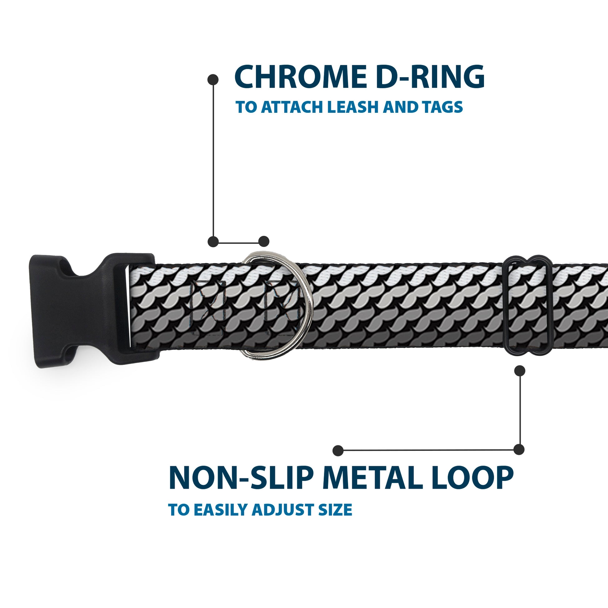 Plastic Clip Collar - Mustache Monogram Black/Grays Plastic Clip Collars Buckle-Down