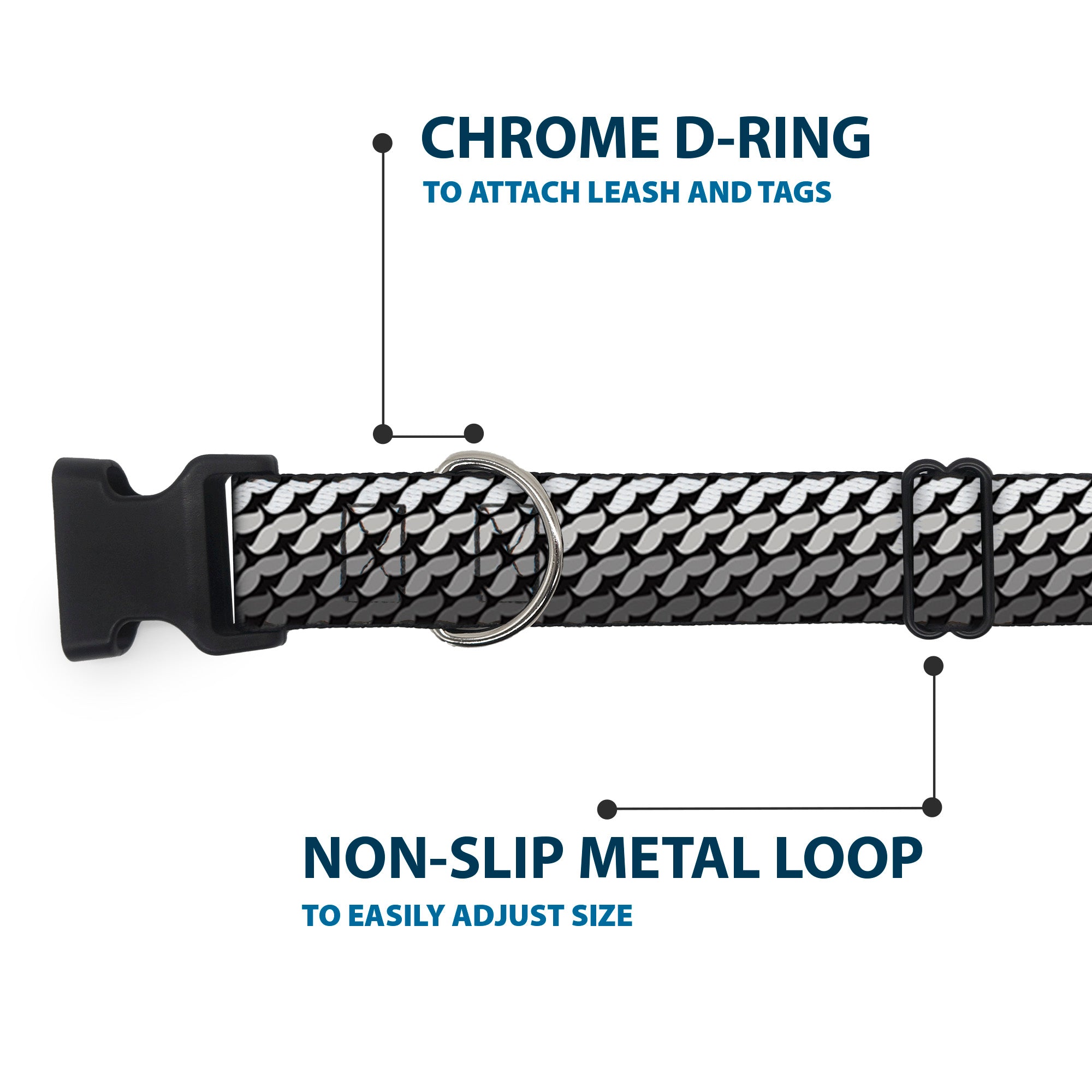 Plastic Clip Collar - Mustache Monogram Black/Grays Plastic Clip Collars Buckle-Down