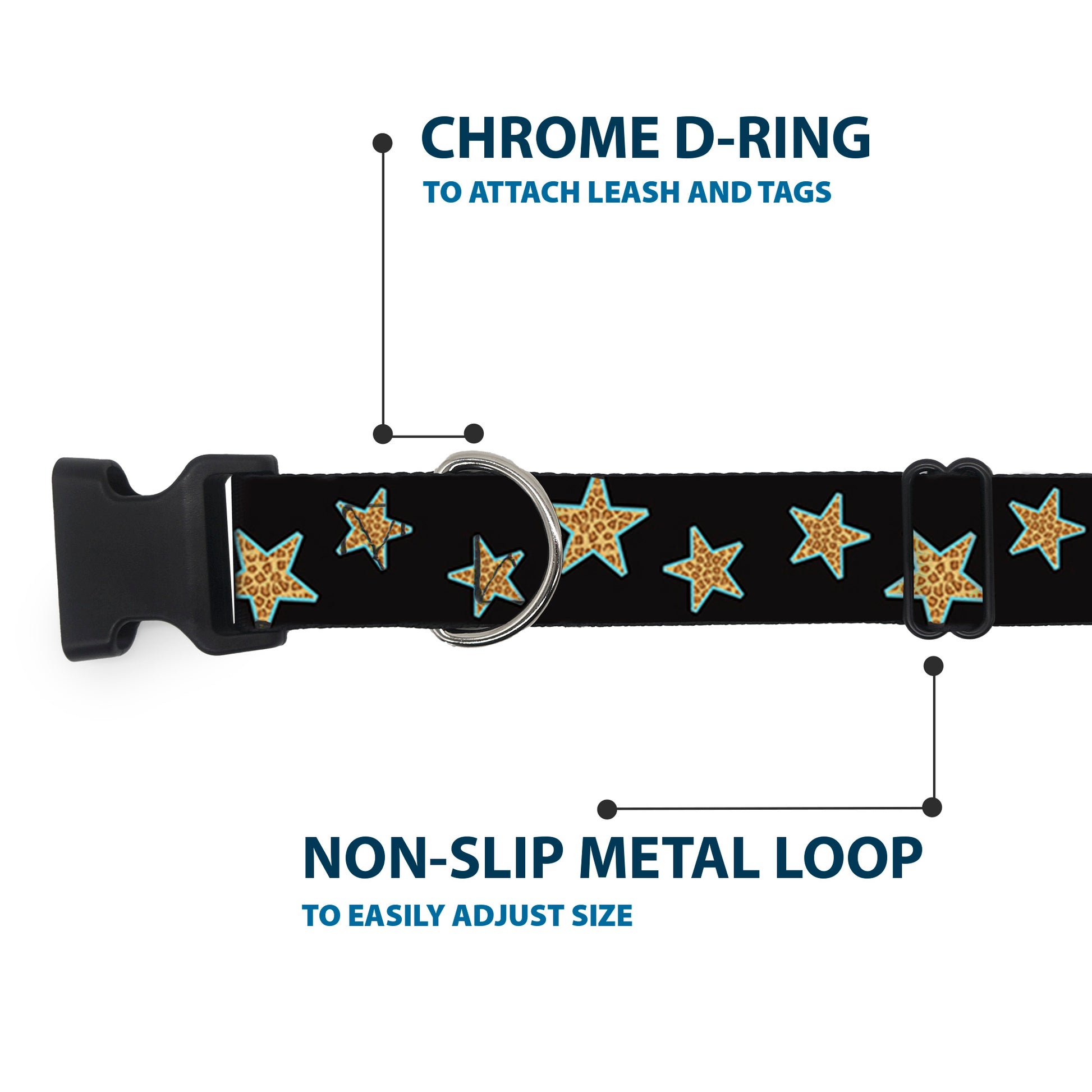 Plastic Clip Collar - Multi Stars Black/Leopard/Baby Blue Outline Plastic Clip Collars Buckle-Down