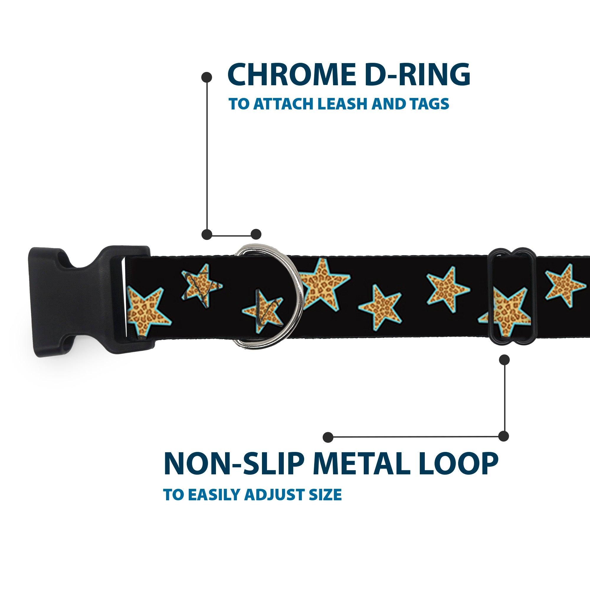 Plastic Clip Collar - Multi Stars Black/Leopard/Baby Blue Outline Plastic Clip Collars Buckle-Down