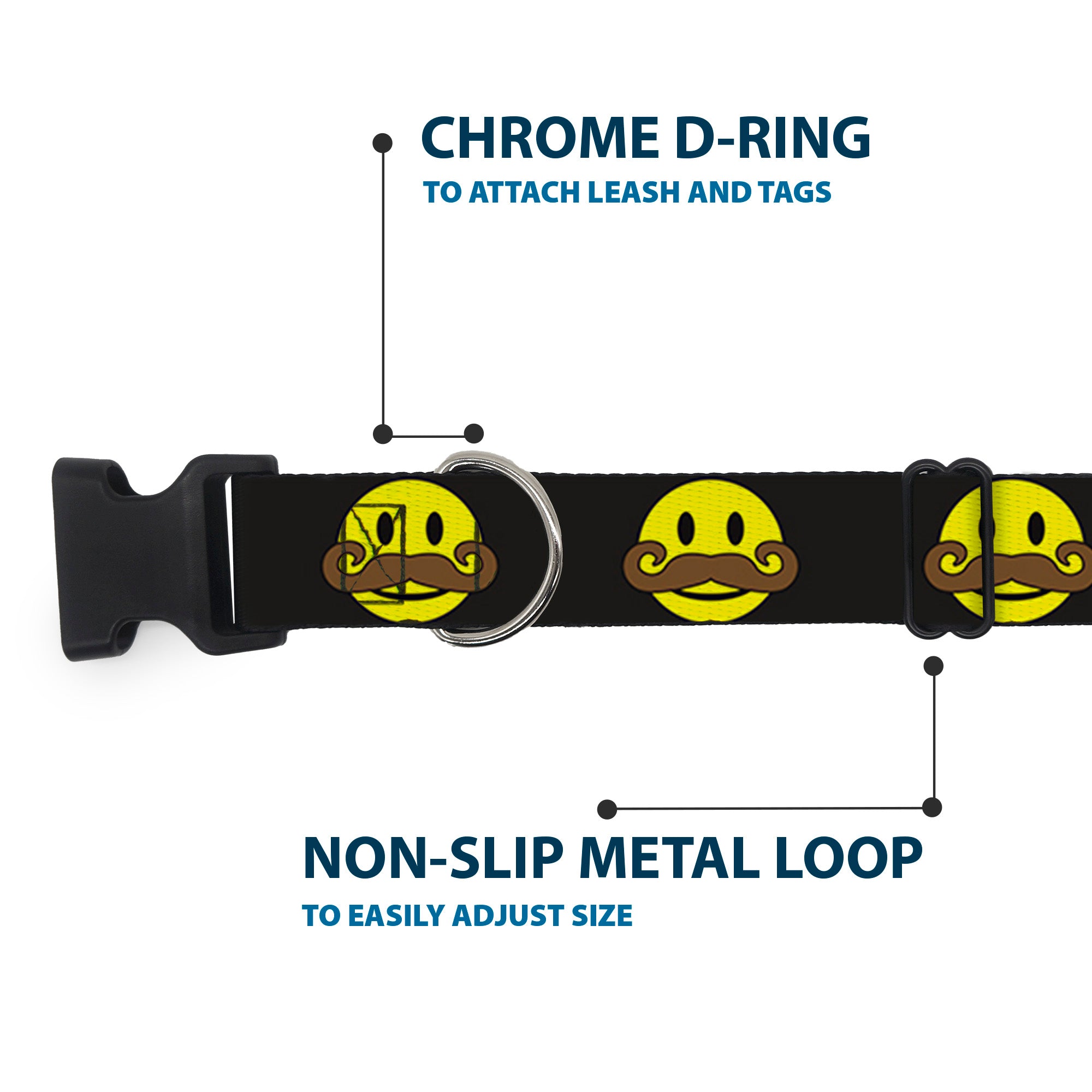 Plastic Clip Collar - Mustache Happy Face Black/Yellow/Brown Plastic Clip Collars Buckle-Down