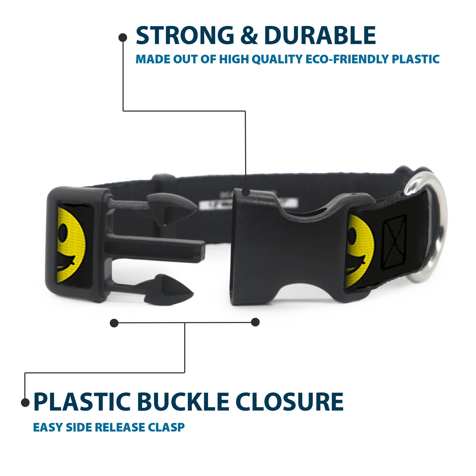 Plastic Clip Collar - Mustache Happy Face2 Black/Yellow/Black Plastic Clip Collars Buckle-Down