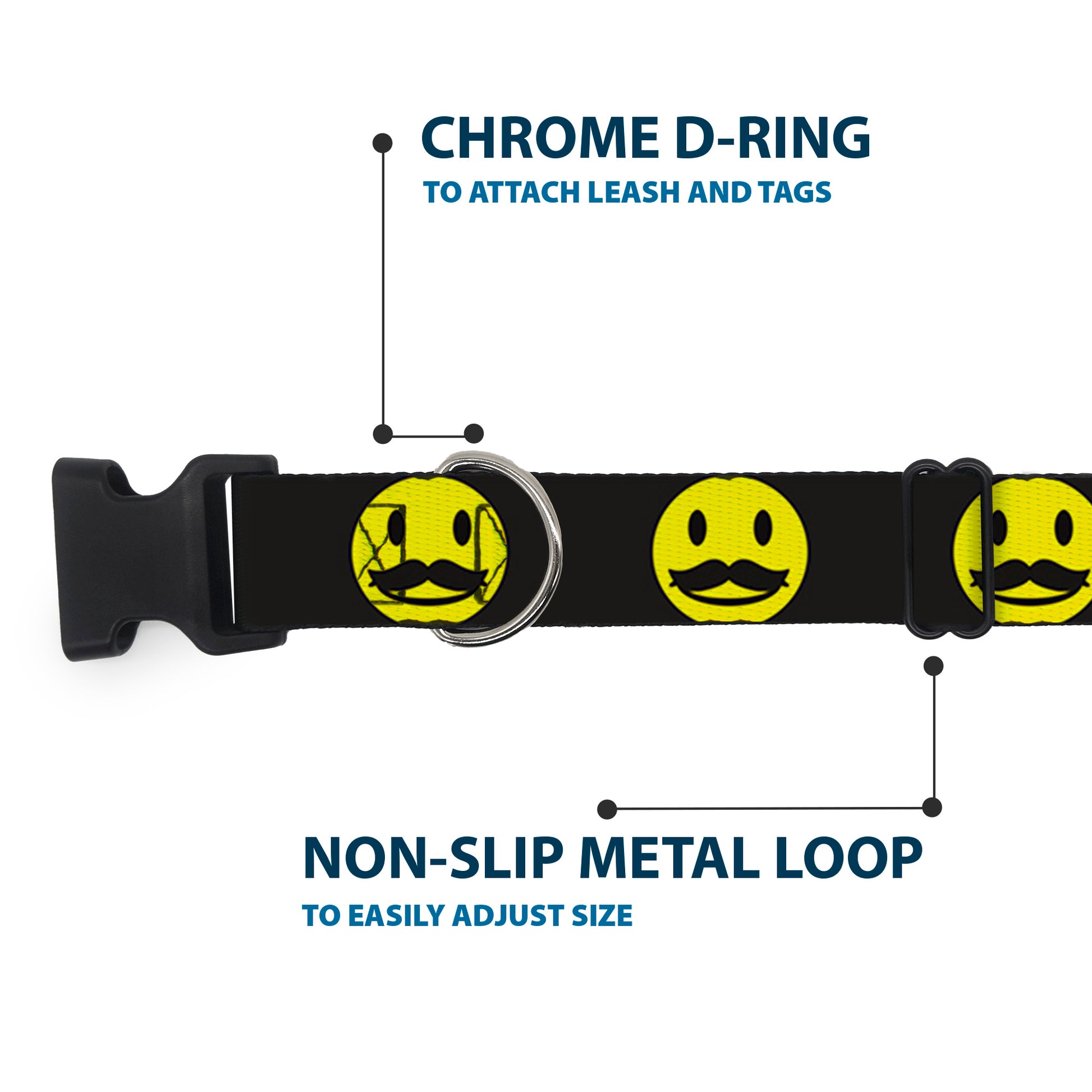 Plastic Clip Collar - Mustache Happy Face2 Black/Yellow/Black Plastic Clip Collars Buckle-Down