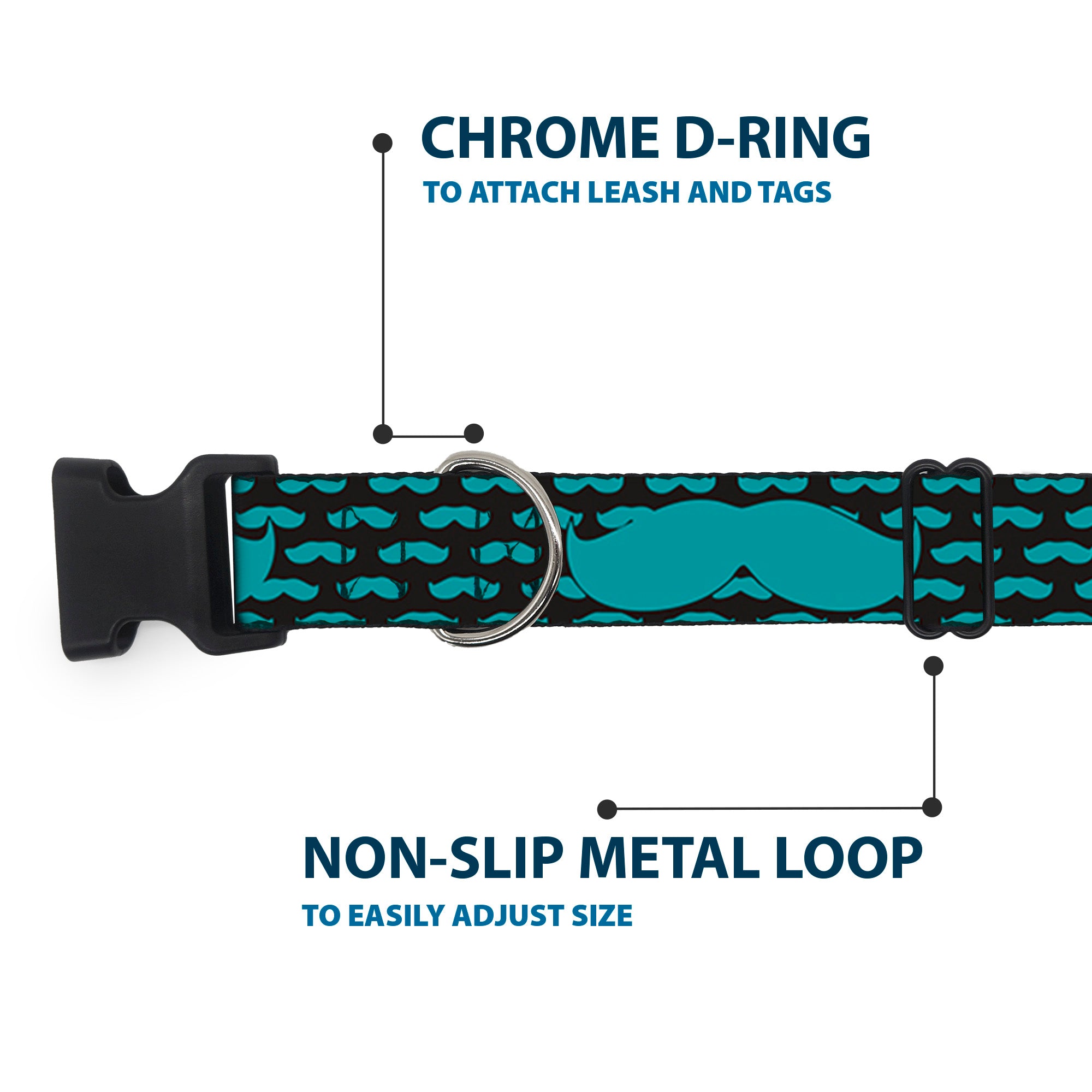 Plastic Clip Collar - Mustaches Mini/Single Repeat Black/Turquoise Plastic Clip Collars Buckle-Down