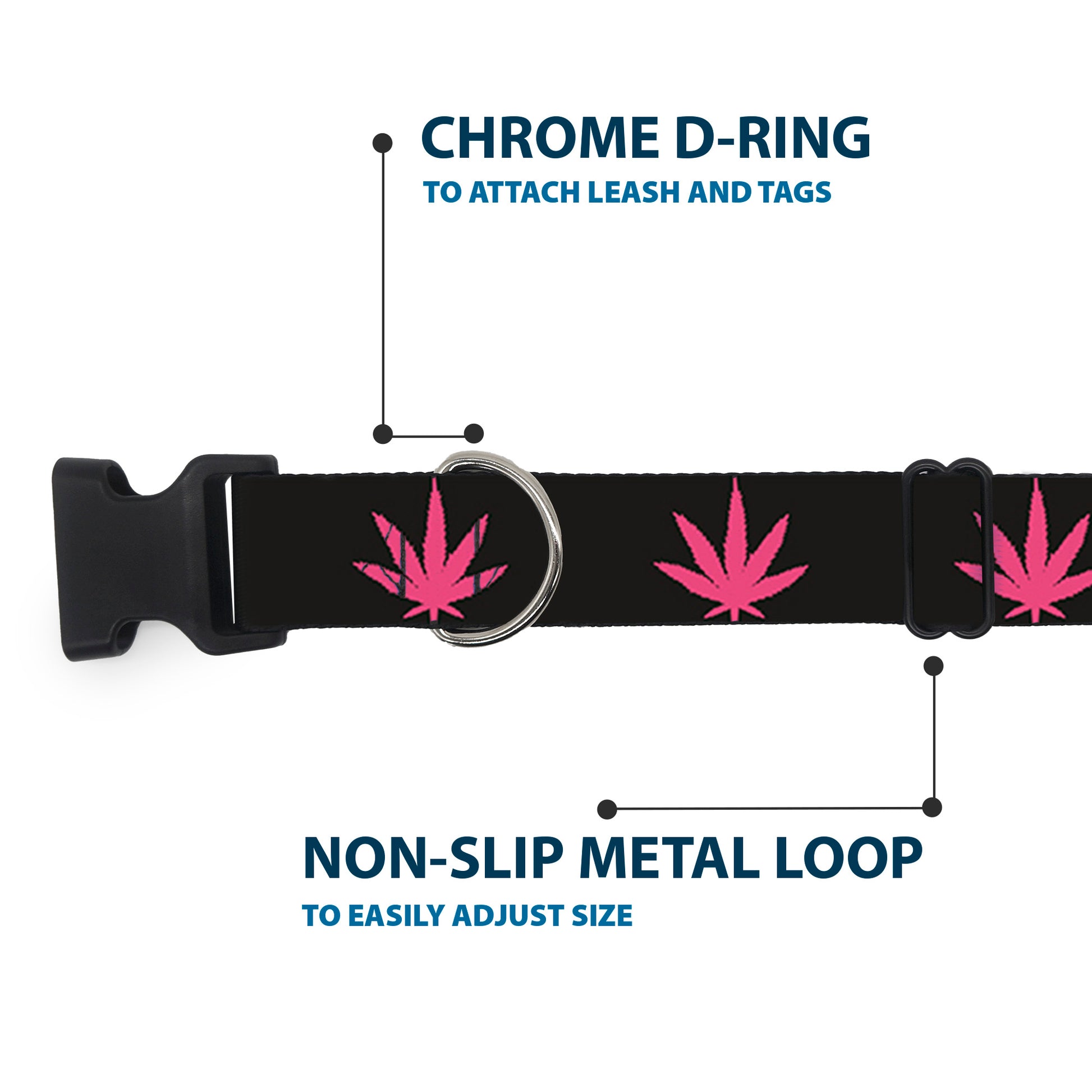 Buckle-Down Plastic Buckle Dog Collar - Marijuana Leaf Repeat Black/Pink Plastic Clip Collars Buckle-Down