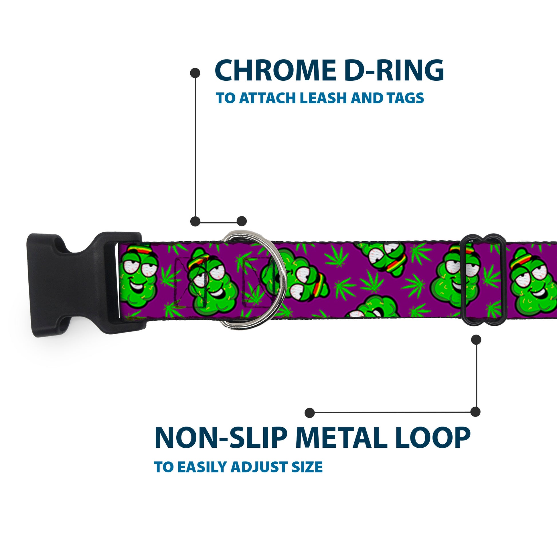 Buckle-Down Plastic Buckle Dog Collar - Marijuana Nugs/Leaves Cartoon Purple/Green Plastic Clip Collars Buckle-Down