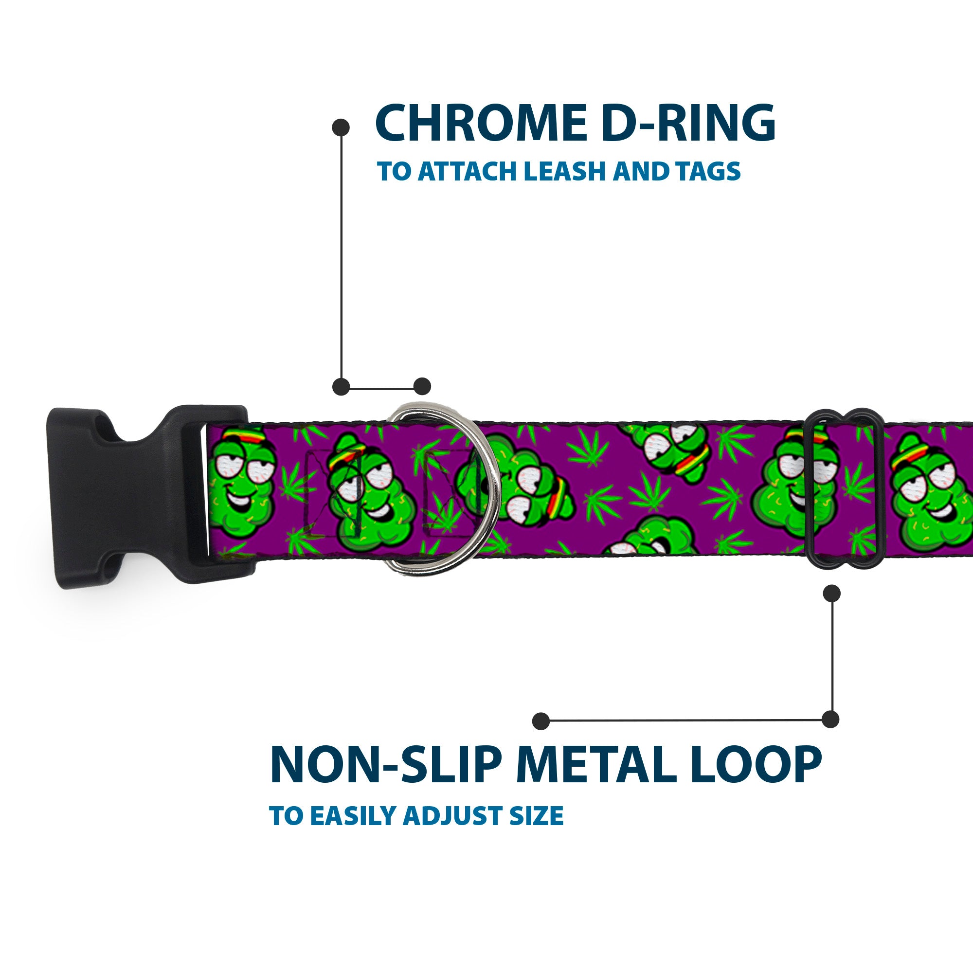 Buckle-Down Plastic Buckle Dog Collar - Marijuana Nugs/Leaves Cartoon Purple/Green Plastic Clip Collars Buckle-Down