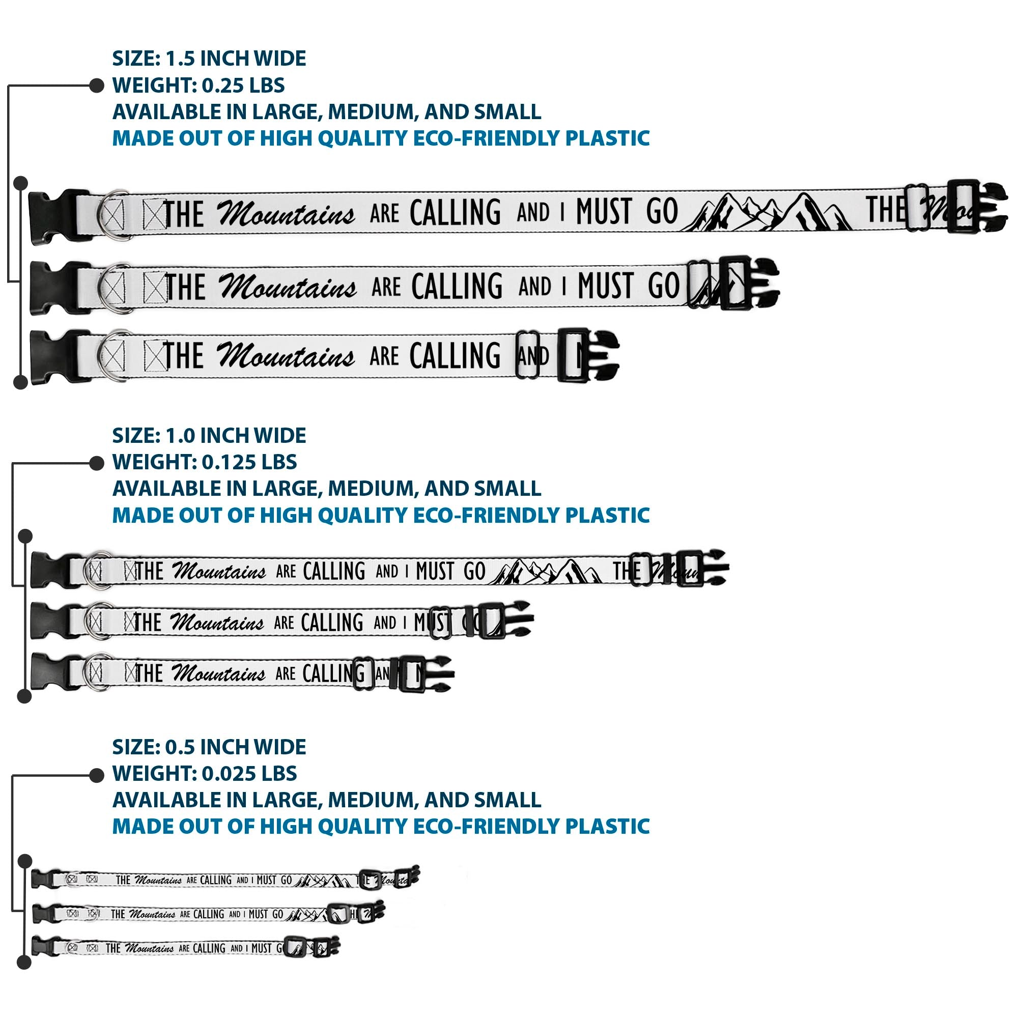 Plastic Clip Collar - THE MOUNTAINS ARE CALLING AND I MUST GO/Mountains Outline White/Black Plastic Clip Collars Buckle-Down
