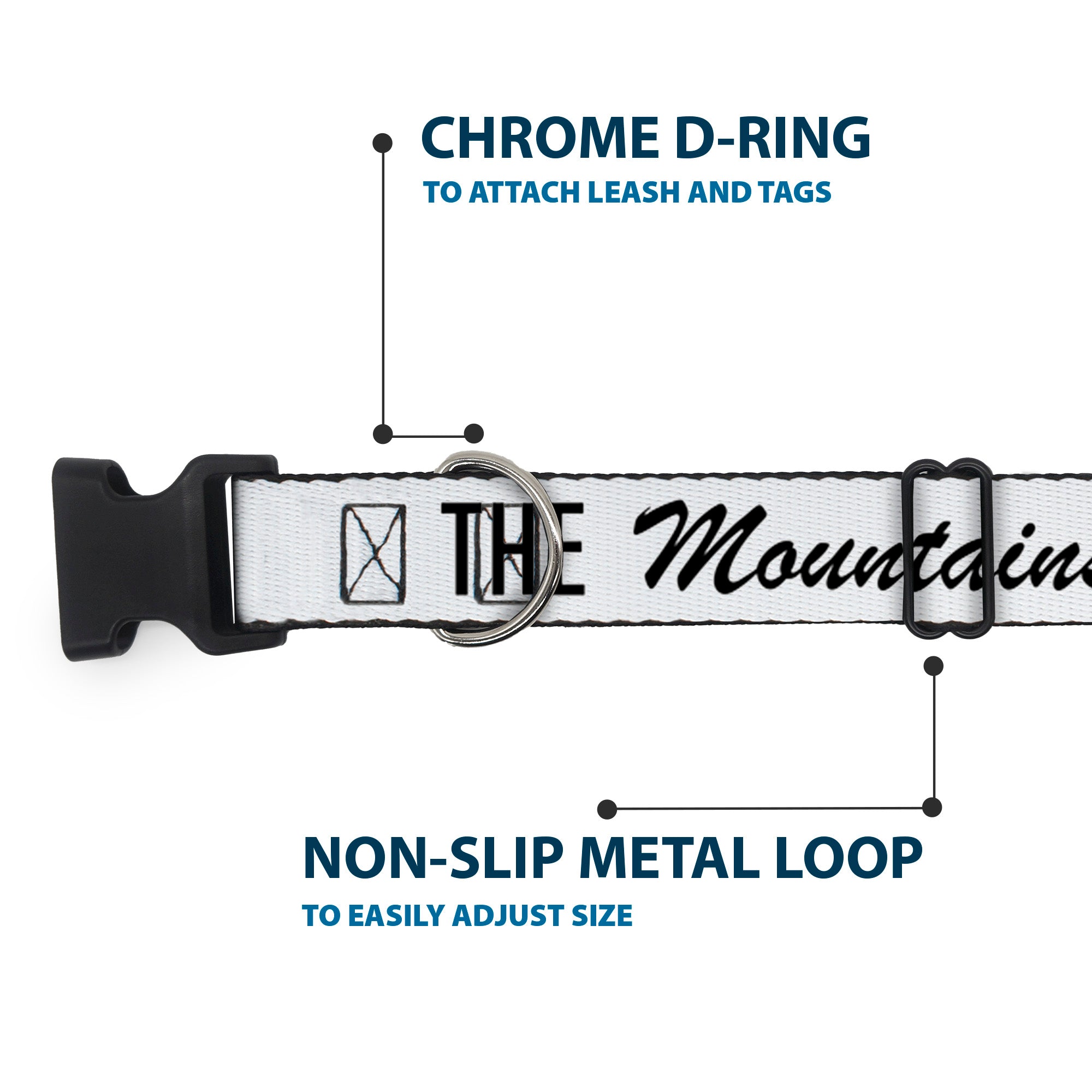 Plastic Clip Collar - THE MOUNTAINS ARE CALLING AND I MUST GO/Mountains Outline White/Black Plastic Clip Collars Buckle-Down