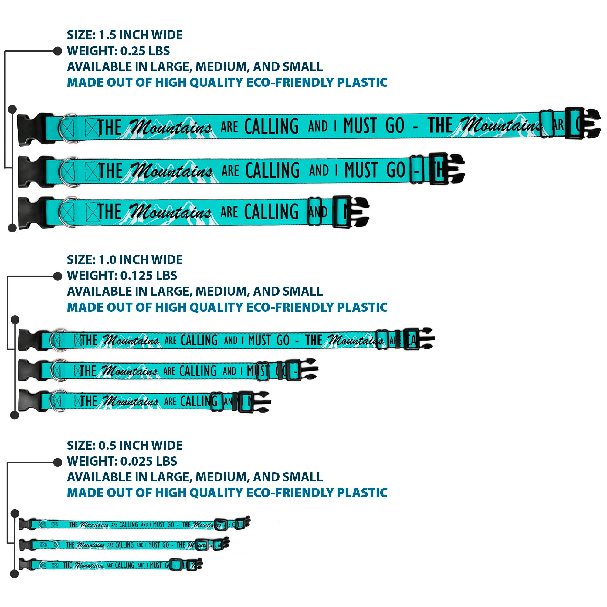 Plastic Clip Collar - THE MOUNTAINS ARE CALLING AND I MUST GO/Mountains Outline2 Teal/White/Black Plastic Clip Collars Buckle-Down