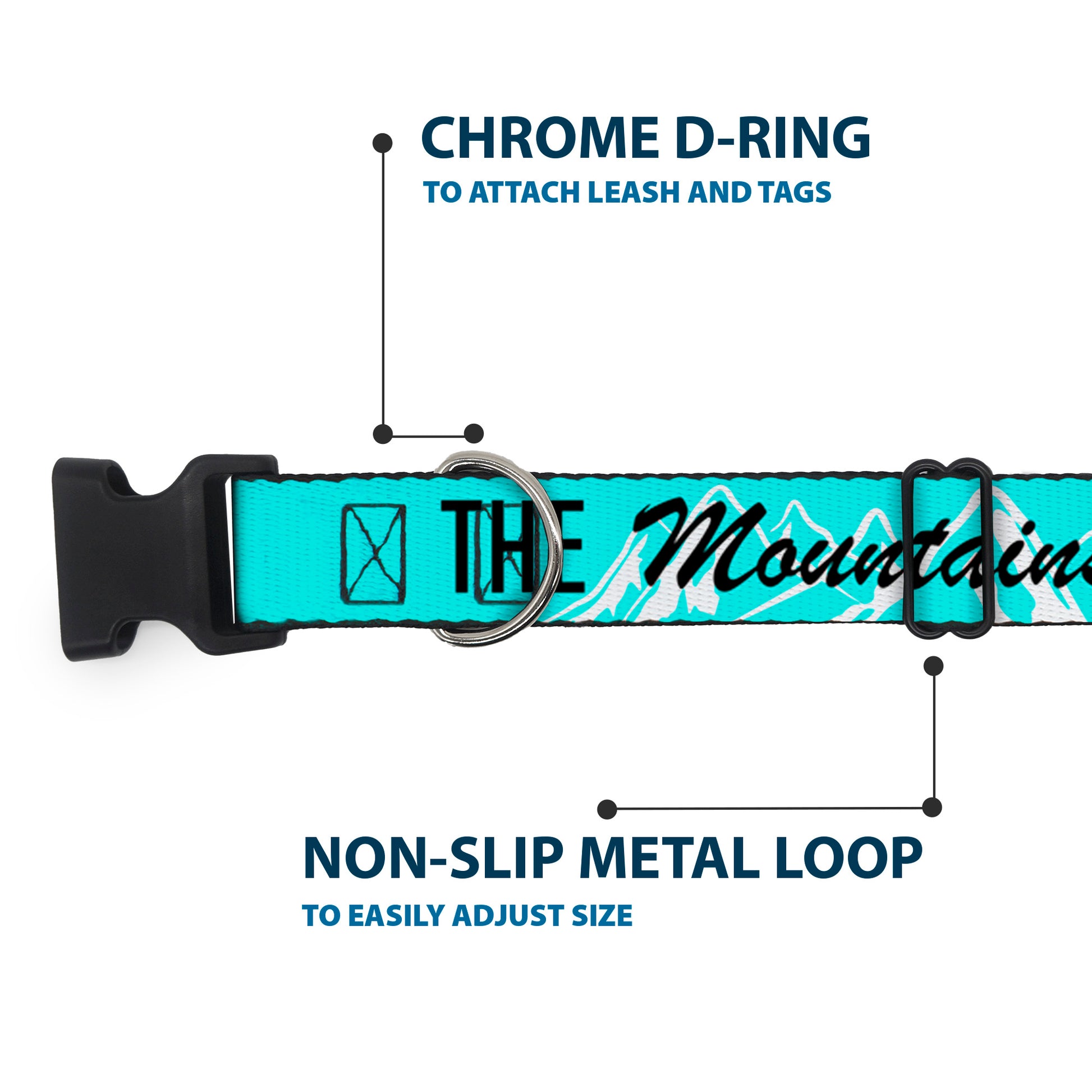 Plastic Clip Collar - THE MOUNTAINS ARE CALLING AND I MUST GO/Mountains Outline2 Teal/White/Black Plastic Clip Collars Buckle-Down