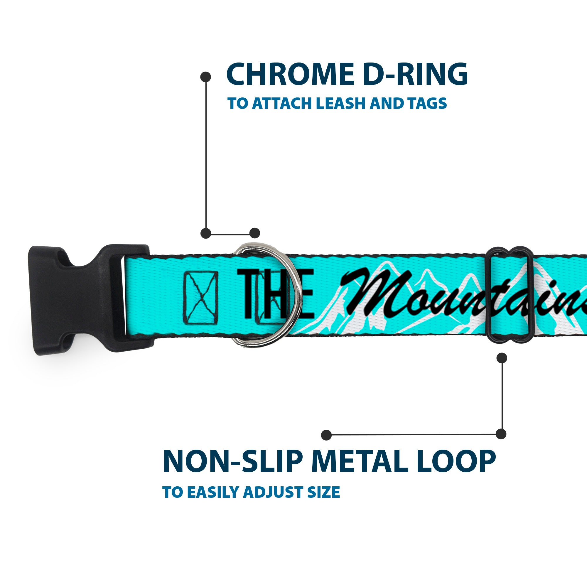 Plastic Clip Collar - THE MOUNTAINS ARE CALLING AND I MUST GO/Mountains Outline2 Teal/White/Black Plastic Clip Collars Buckle-Down