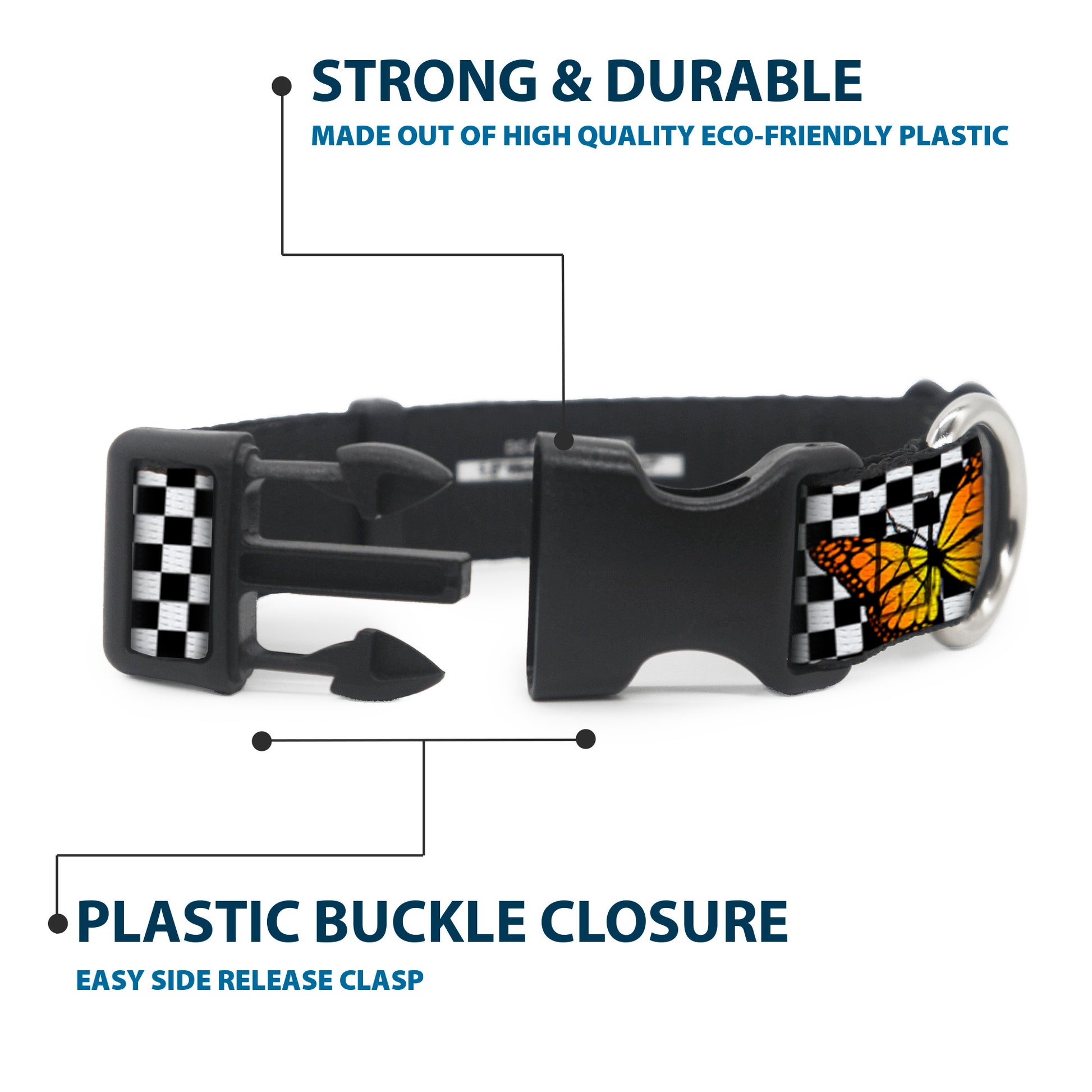 Plastic Clip Collar - Monarch Butterfly Scattered Checker Black/White Plastic Clip Collars Buckle-Down