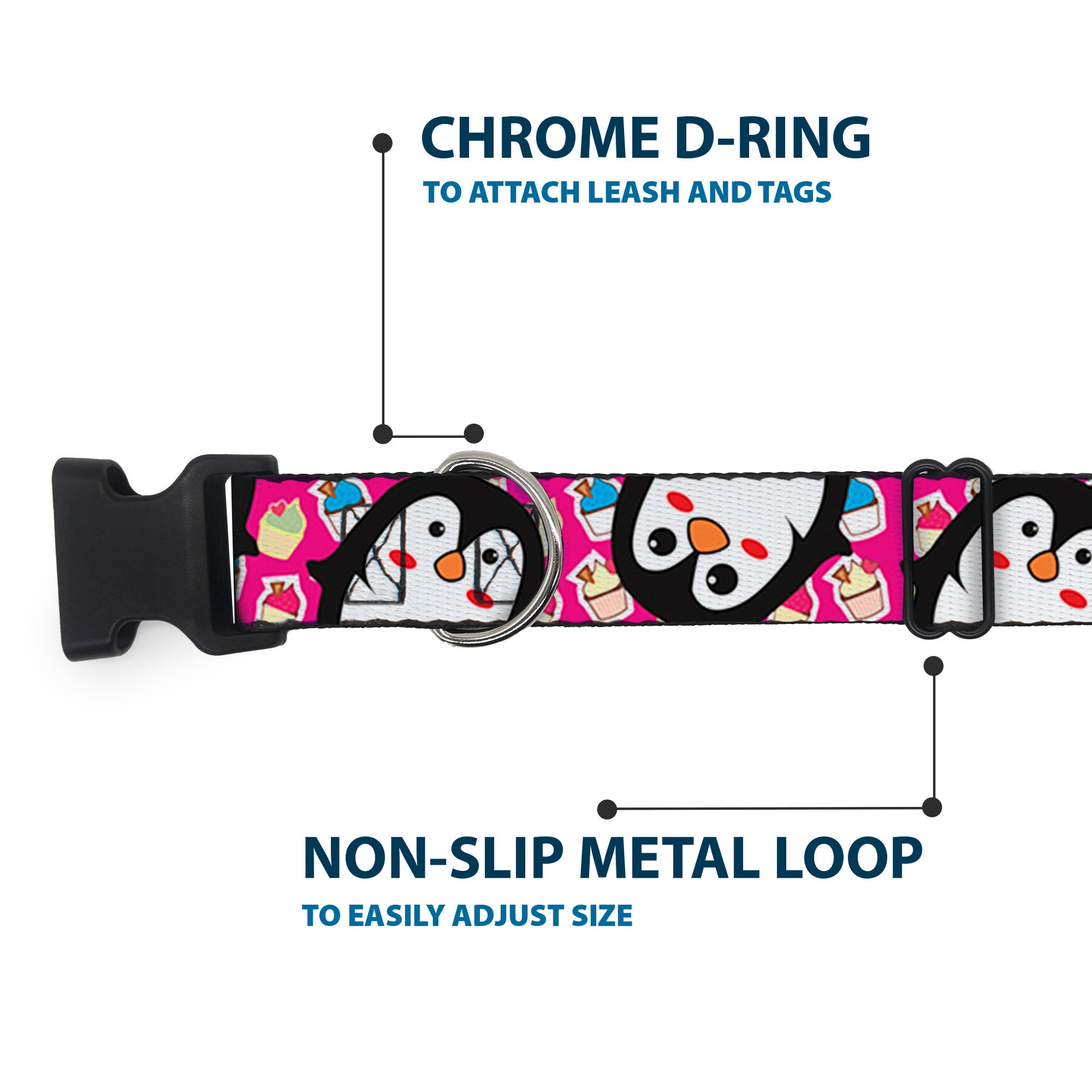 Plastic Clip Collar - Penguins w/Cupcakes Fuchsia/Multi Color Plastic Clip Collars Buckle-Down
