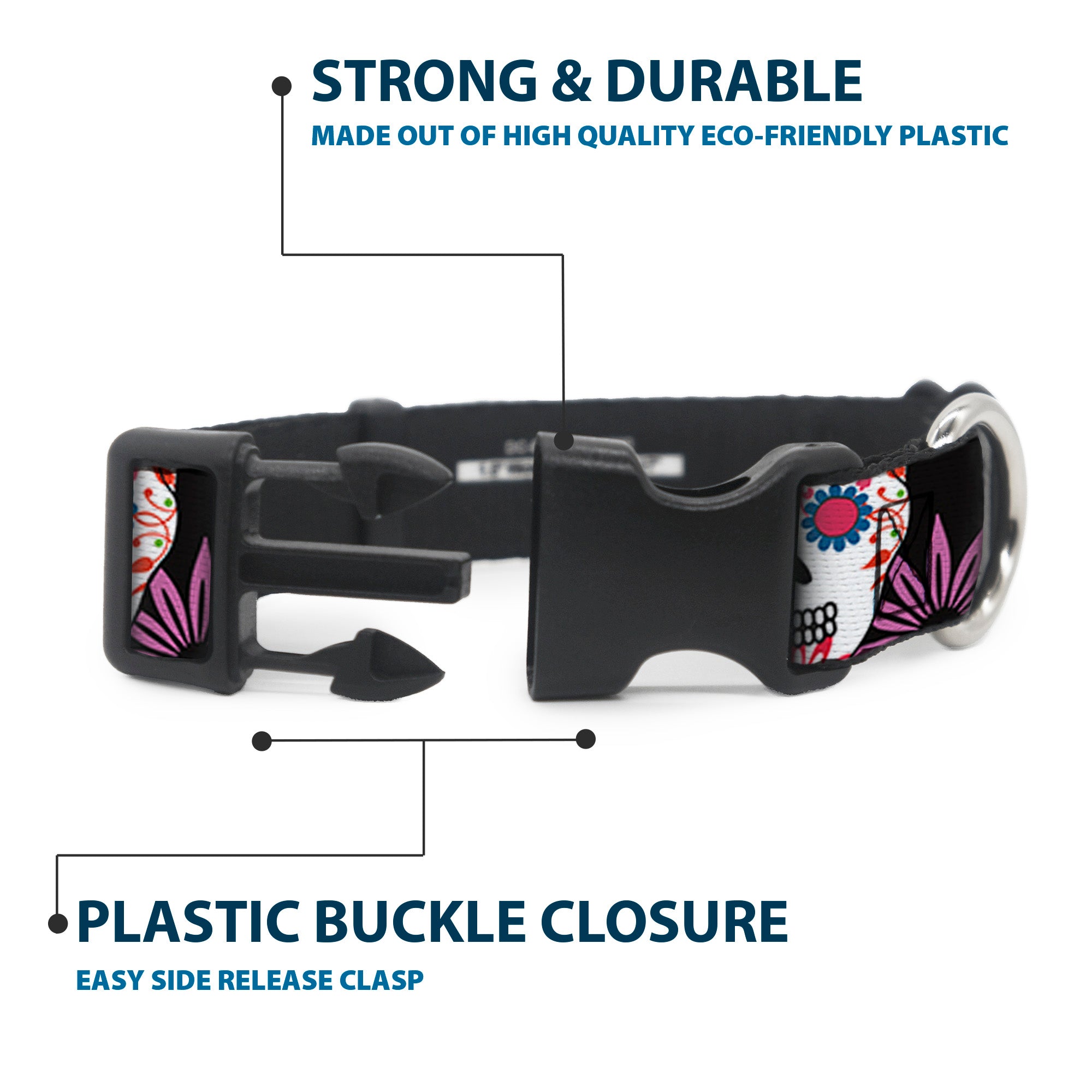 Plastic Clip Collar - Sugar Skulls & Flowers Black/Multi Color Plastic Clip Collars Buckle-Down