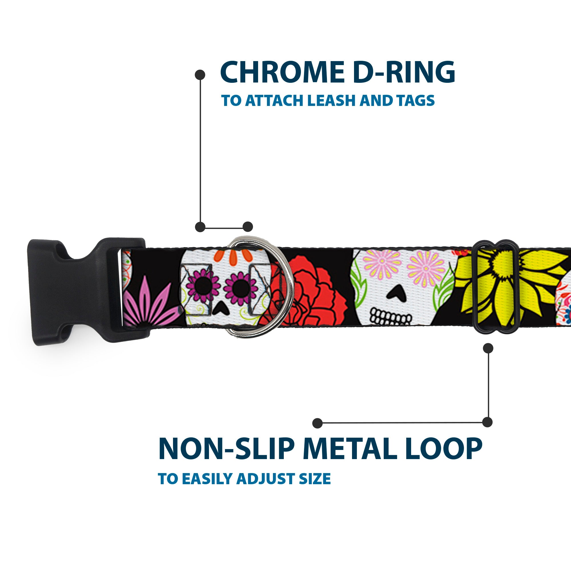 Plastic Clip Collar - Sugar Skulls & Flowers Black/Multi Color Plastic Clip Collars Buckle-Down