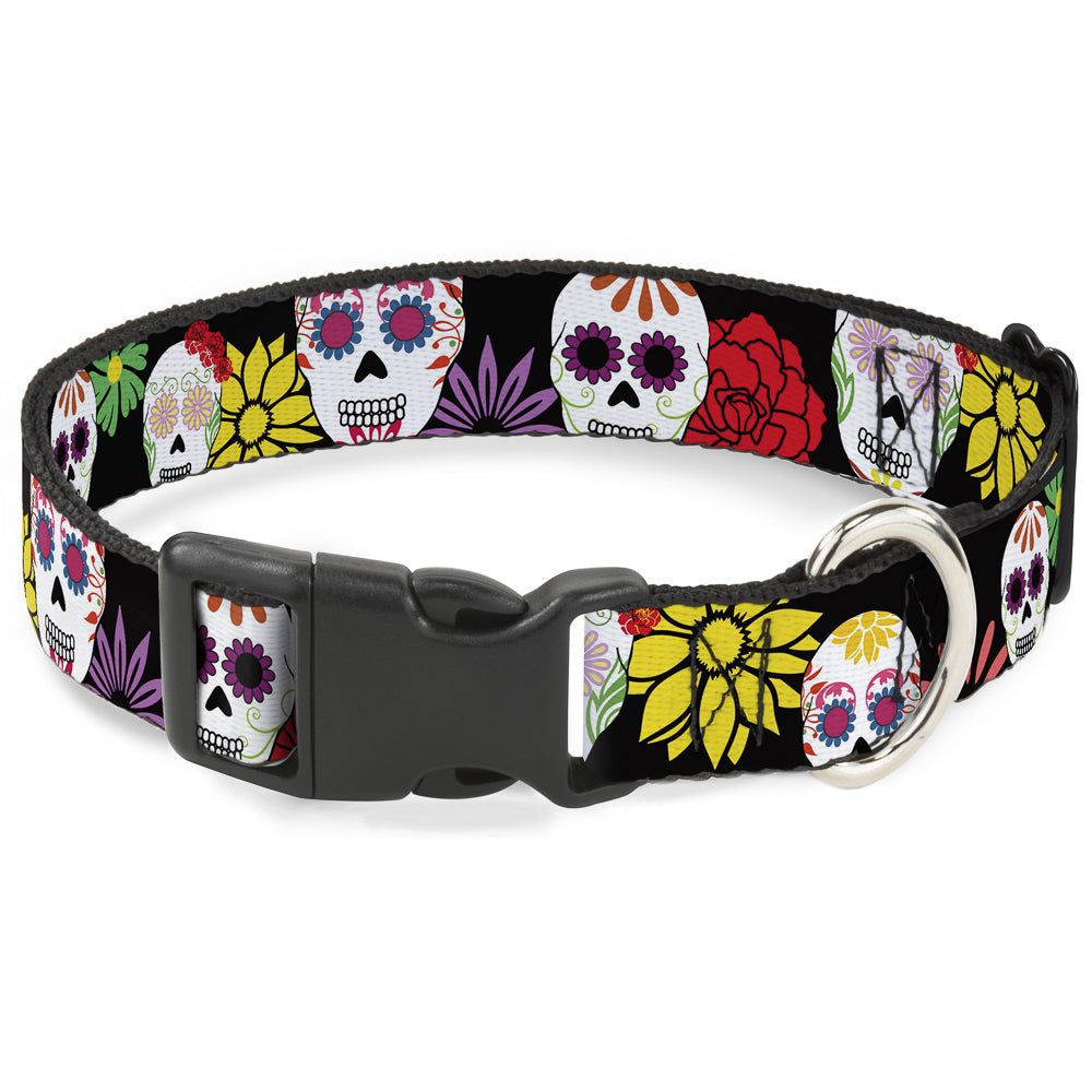 Plastic Clip Collar - Sugar Skulls & Flowers Black/Multi Color Plastic Clip Collars Buckle-Down