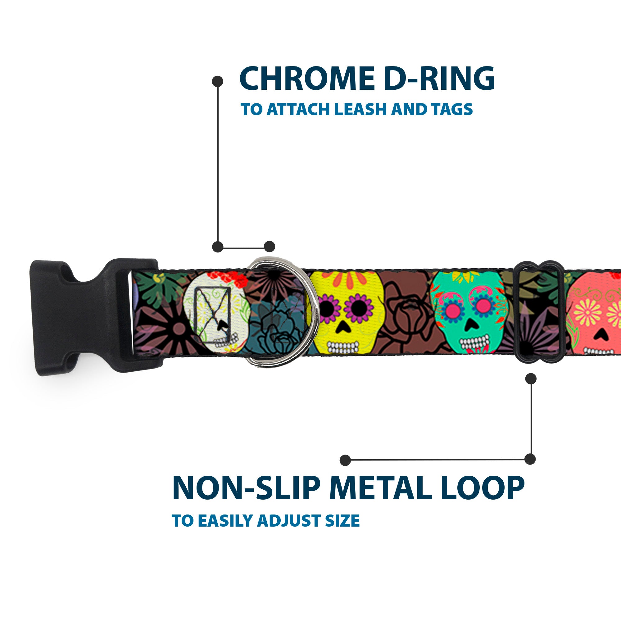 Plastic Clip Collar - Painted Sugar Skulls & Flowers Collage Plastic Clip Collars Buckle-Down