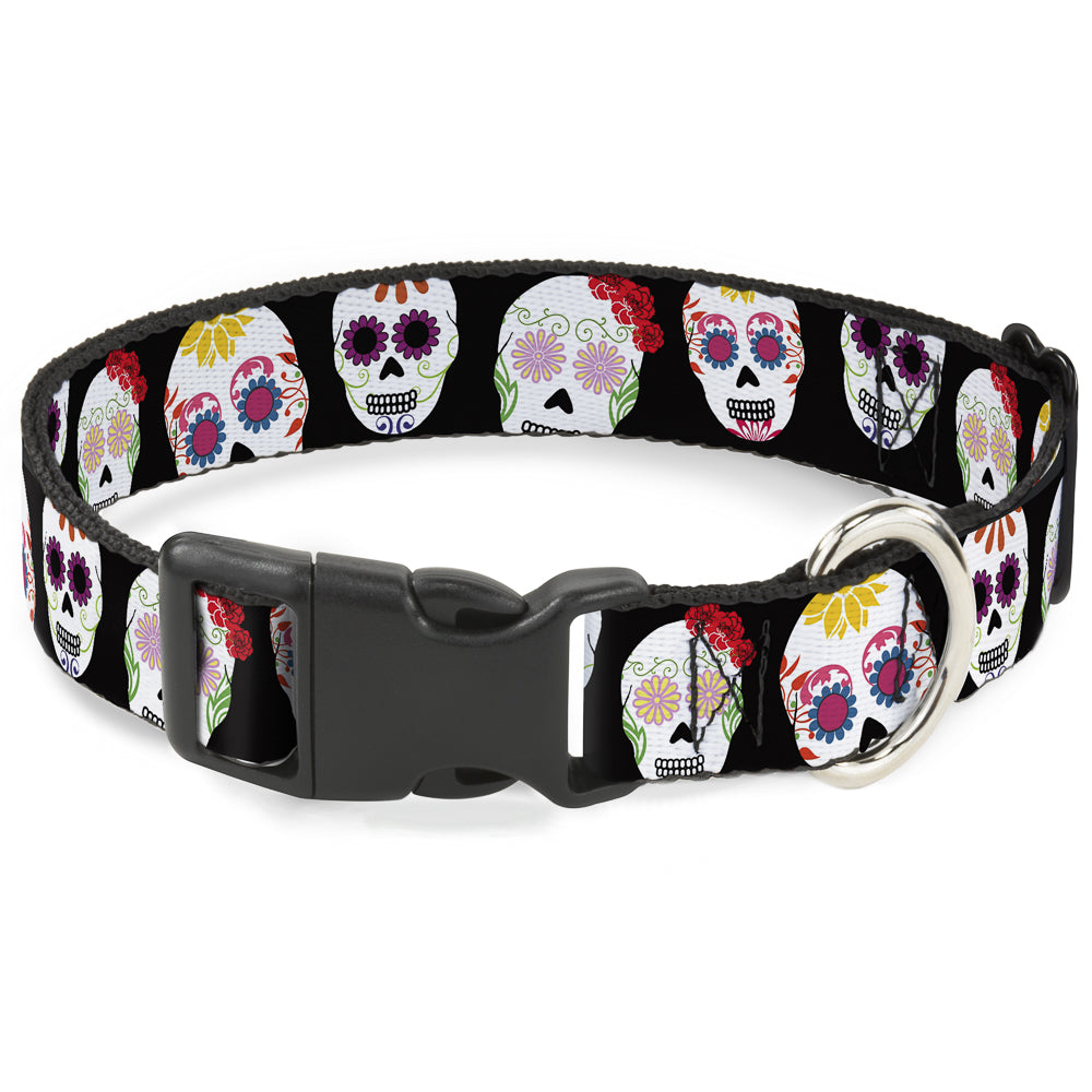 Plastic Clip Collar - Staggered Sugar Skulls Black/Multi Color Plastic Clip Collars Buckle-Down