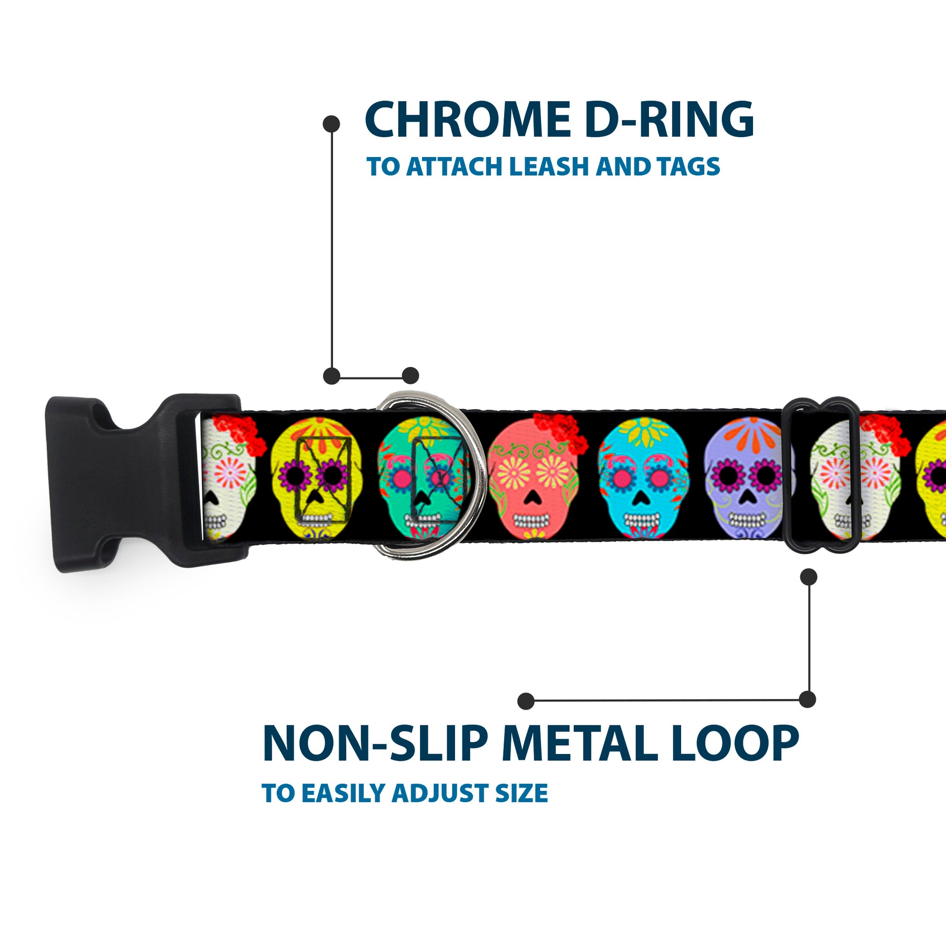 Plastic Clip Collar - Painted Sugar Skulls Black/Multi Color Plastic Clip Collars Buckle-Down