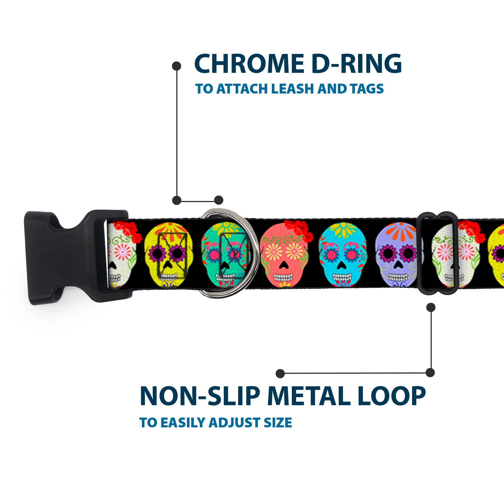 Plastic Clip Collar - Painted Sugar Skulls Black/Multi Color Plastic Clip Collars Buckle-Down