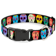 Plastic Clip Collar - Painted Sugar Skulls Black/Multi Color Plastic Clip Collars Buckle-Down