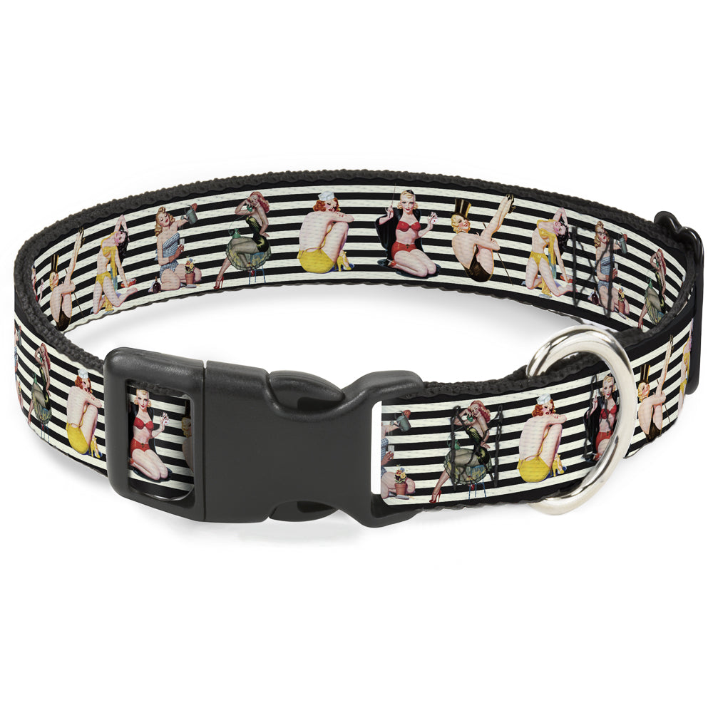Plastic Clip Collar - Pin Up Girl Poses Stripe Black/White Plastic Clip Collars Buckle-Down