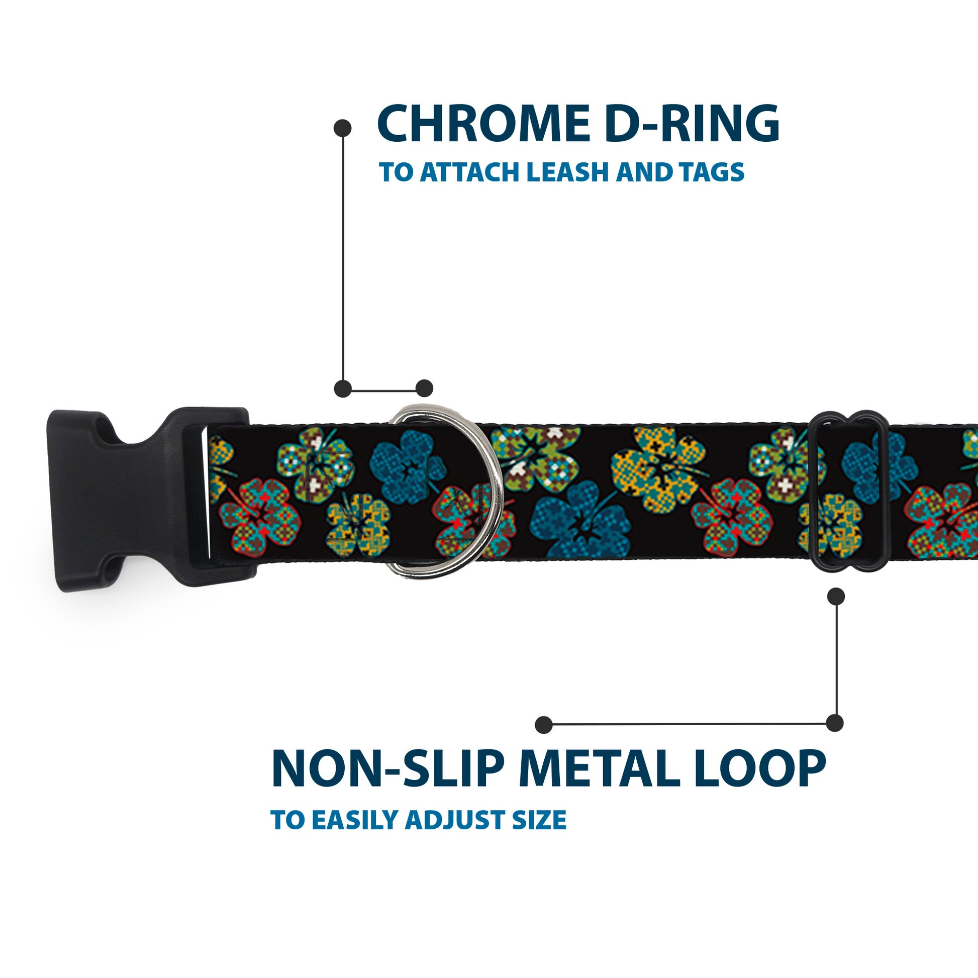 Plastic Clip Collar - Pixilated Hibiscus Flowers Black/Multi Color Plastic Clip Collars Buckle-Down