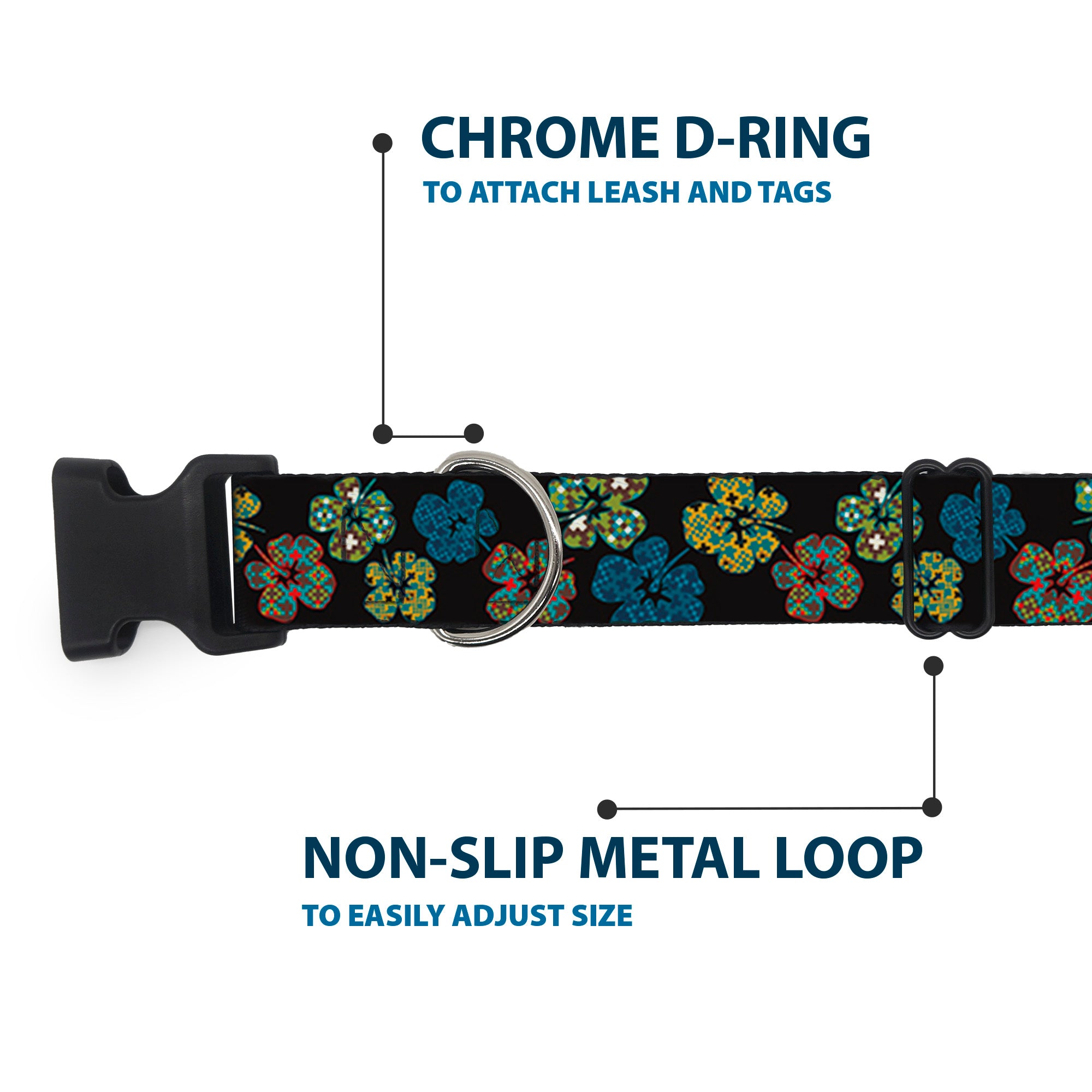 Plastic Clip Collar - Pixilated Hibiscus Flowers Black/Multi Color Plastic Clip Collars Buckle-Down