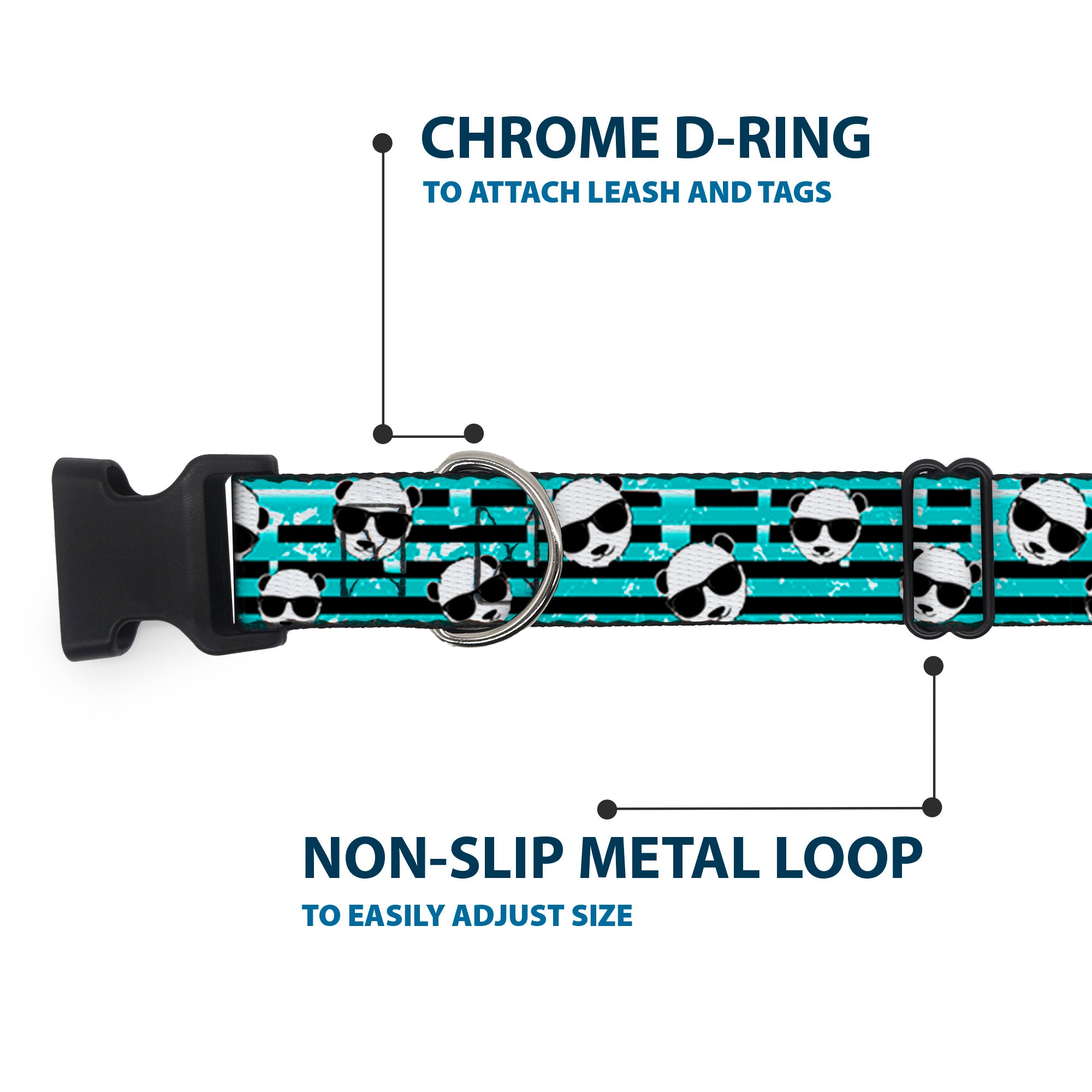 Plastic Clip Collar - Multi Panda w/Sunglasses Stripe Turquoise/Black Plastic Clip Collars Buckle-Down