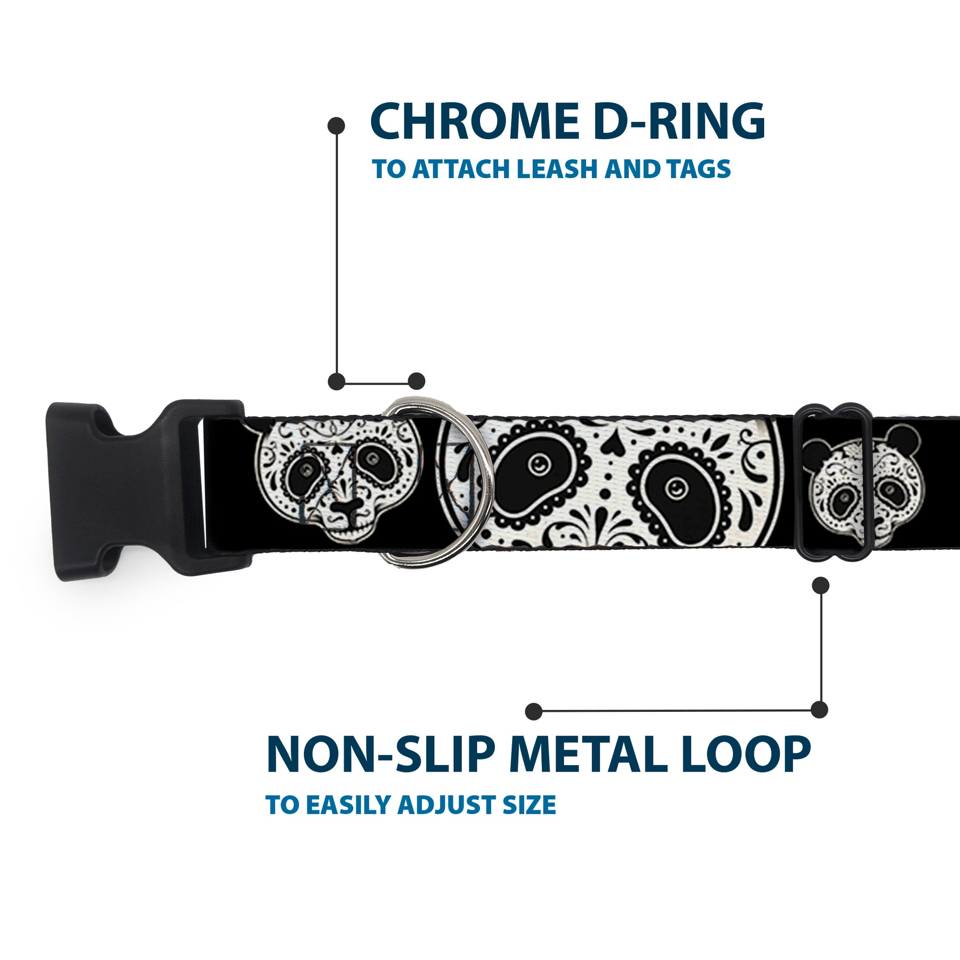 Plastic Clip Collar - Panda Bear Sugar Skull Black/White Plastic Clip Collars Buckle-Down