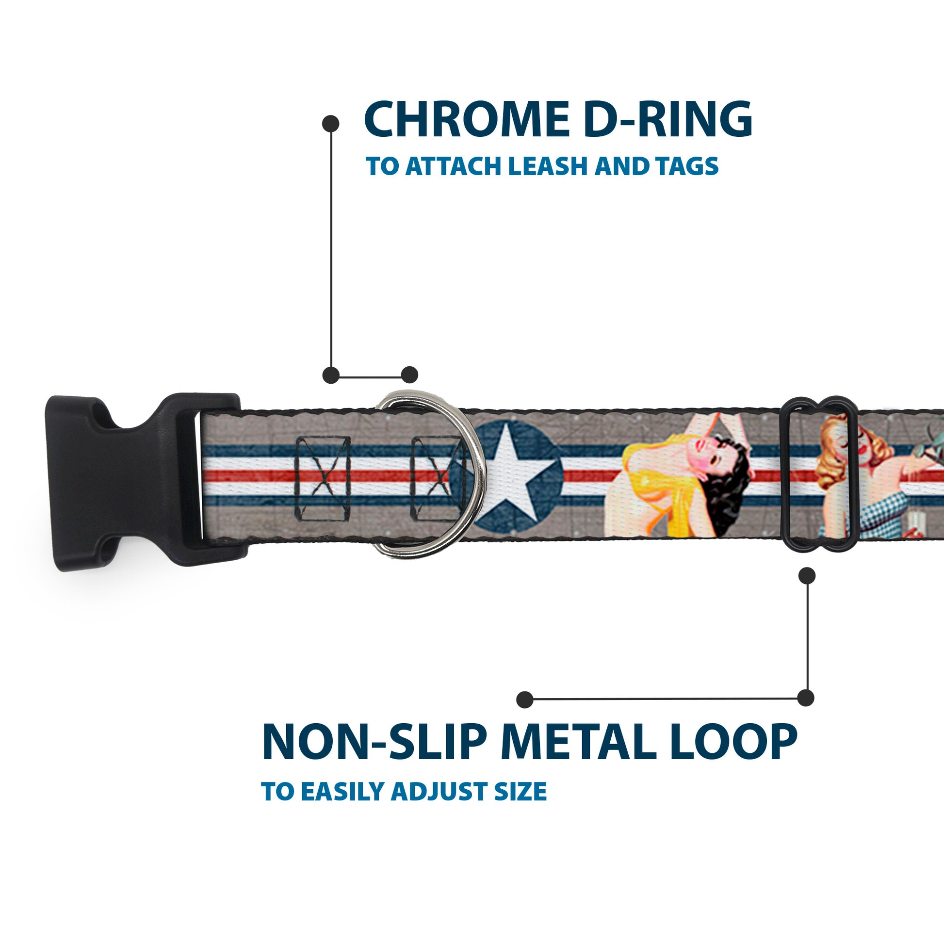 Plastic Clip Collar - Pin Up Girl Poses Star & Stripes Gray/Blue/White/Red Plastic Clip Collars Buckle-Down