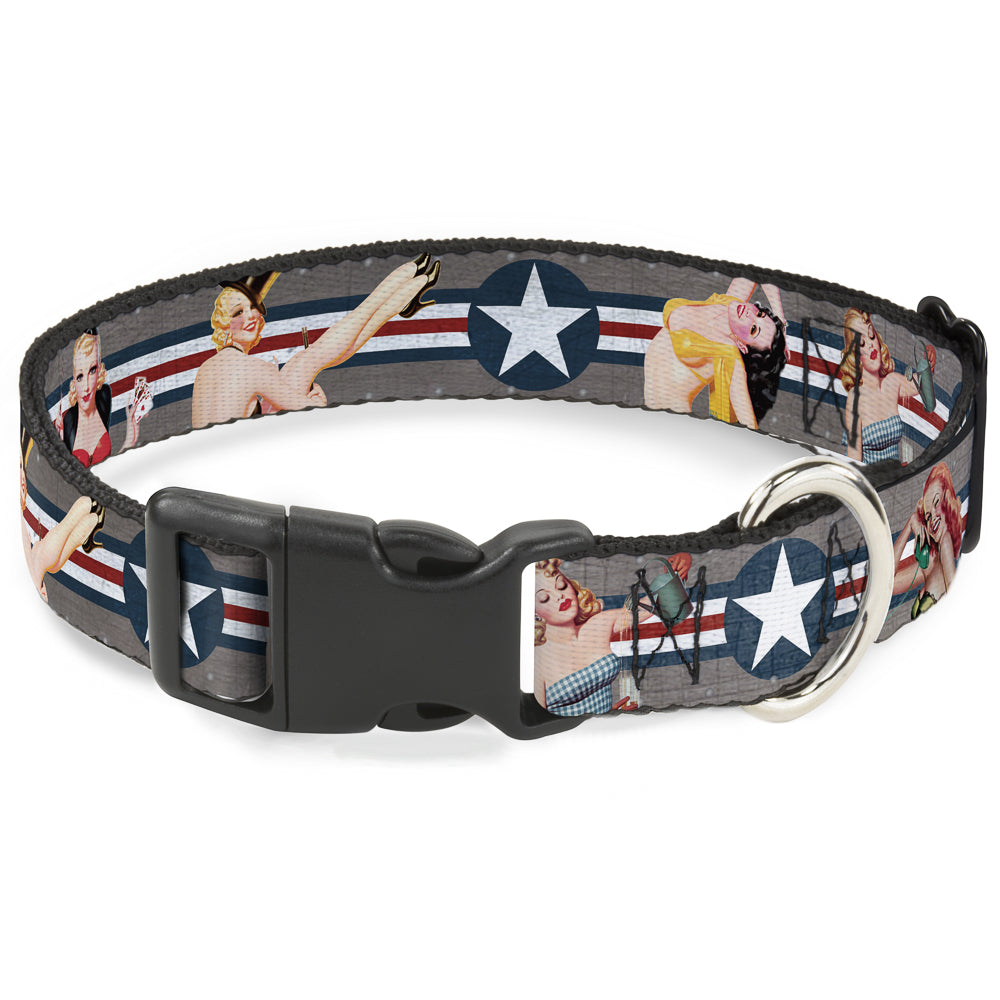Plastic Clip Collar - Pin Up Girl Poses Star & Stripes Gray/Blue/White/Red Plastic Clip Collars Buckle-Down