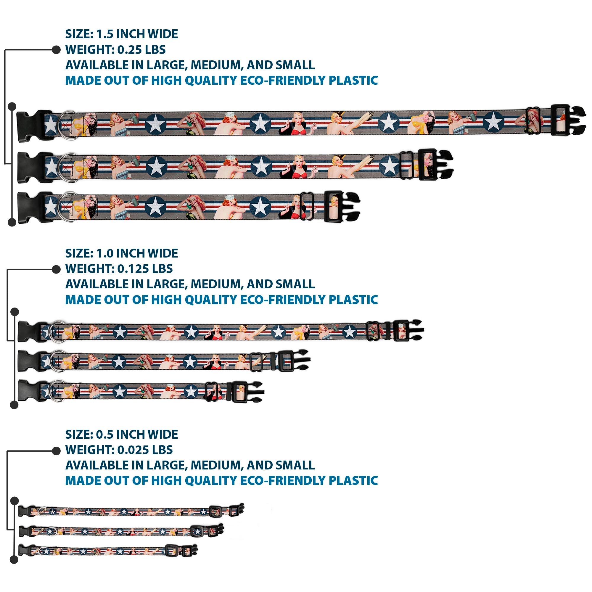 Plastic Clip Collar - Pin Up Girl Poses CLOSE-UP Star & Stripes Gray/Blue/White/Red Plastic Clip Collars Buckle-Down