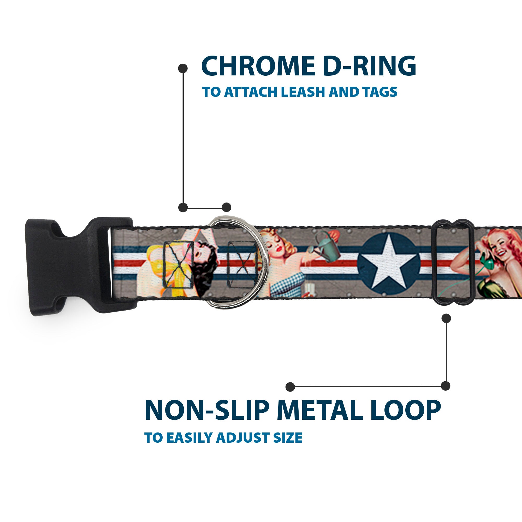 Plastic Clip Collar - Pin Up Girl Poses CLOSE-UP Star & Stripes Gray/Blue/White/Red Plastic Clip Collars Buckle-Down