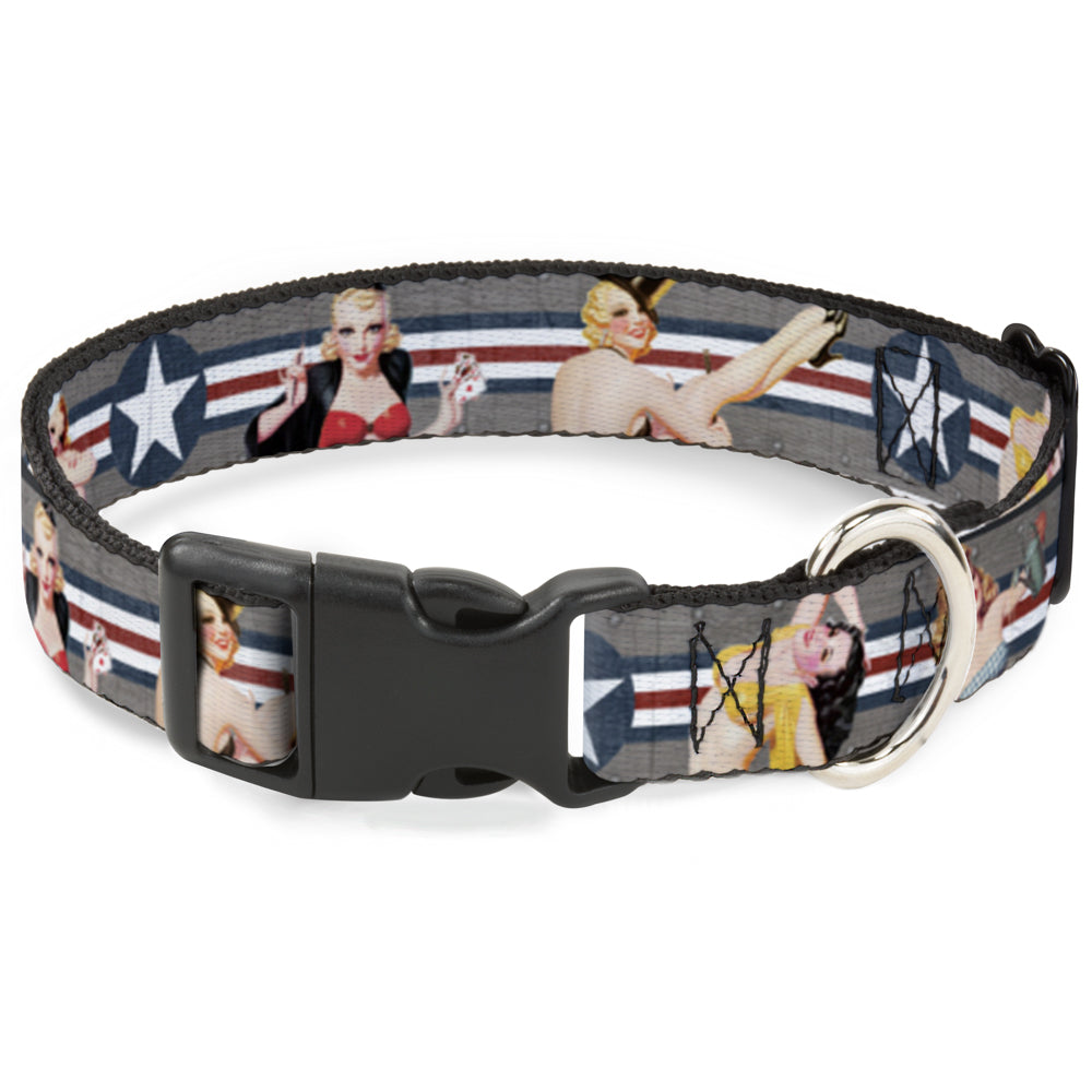Plastic Clip Collar - Pin Up Girl Poses CLOSE-UP Star & Stripes Gray/Blue/White/Red Plastic Clip Collars Buckle-Down