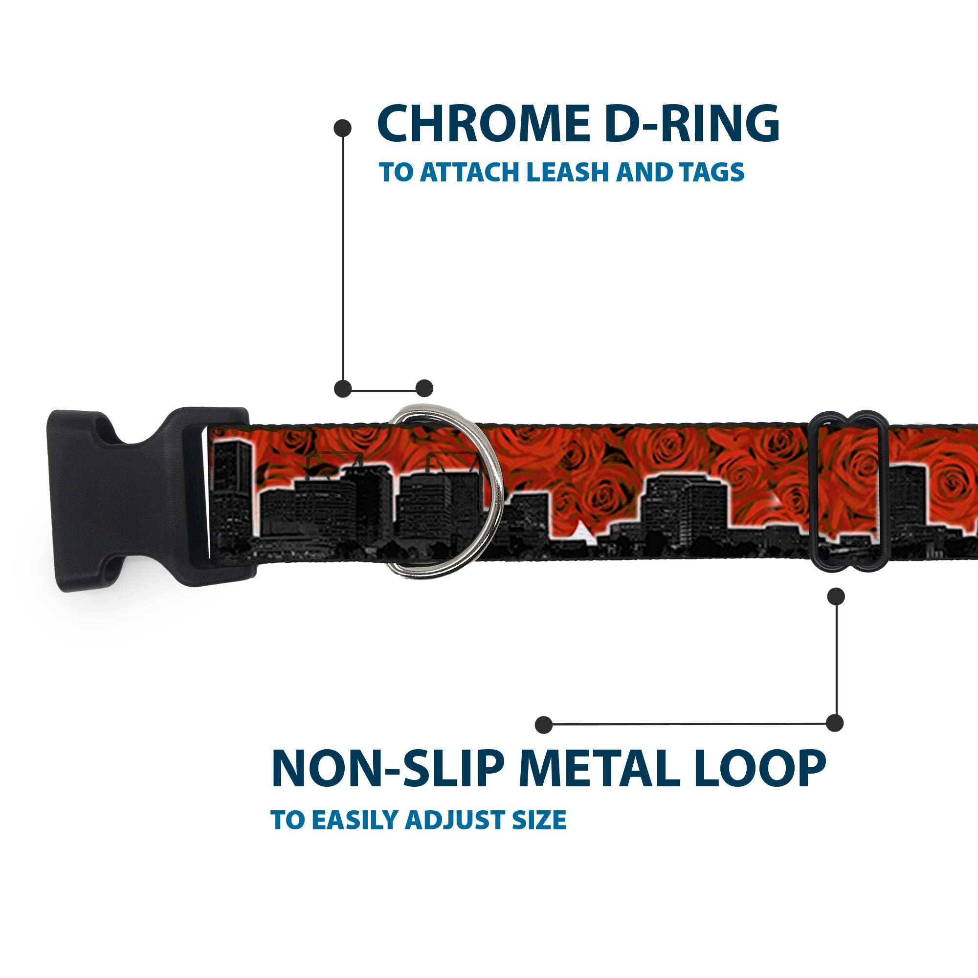 Plastic Clip Collar - Portland Vivid Skyline Red Roses/Black Plastic Clip Collars Buckle-Down