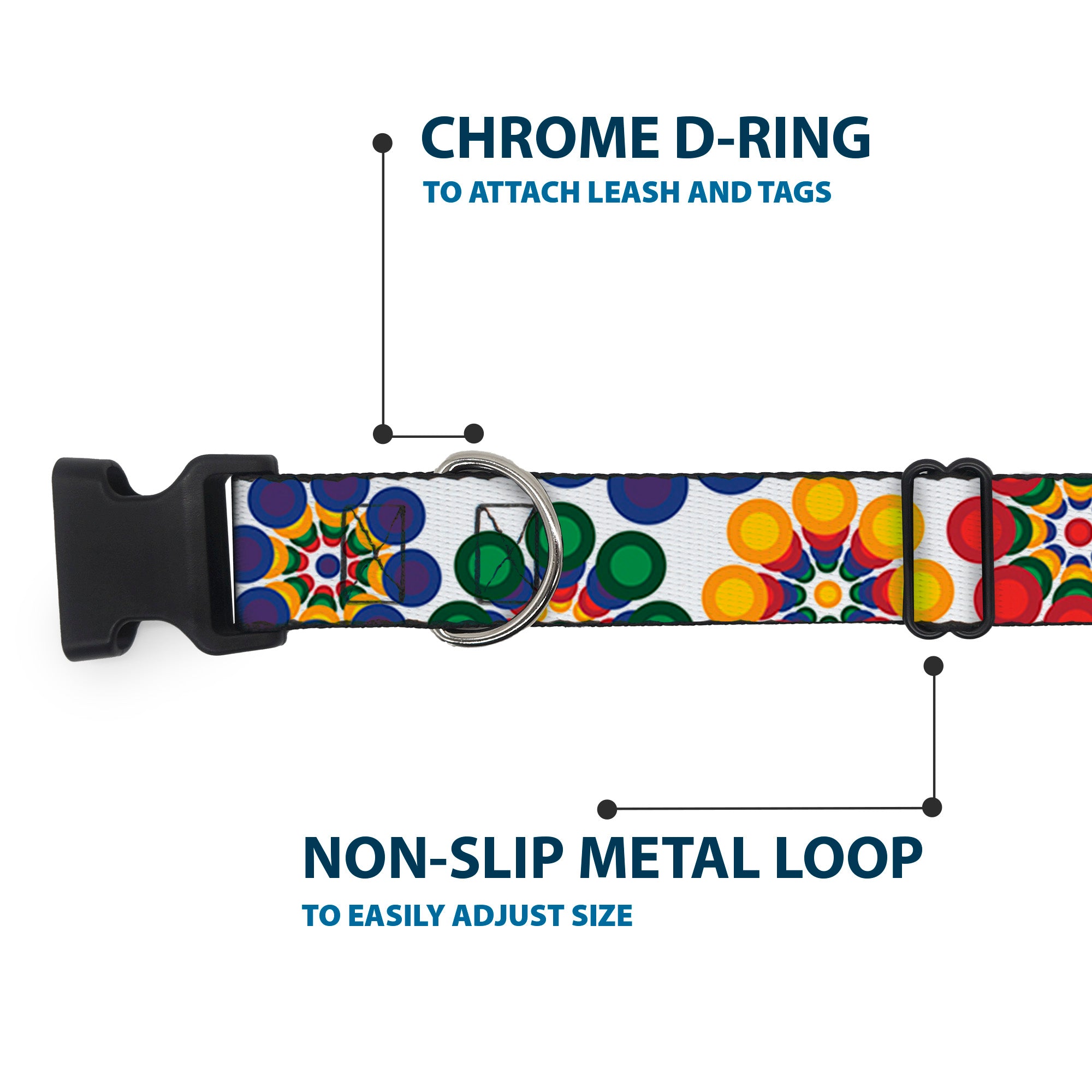 Plastic Clip Collar - Psychedelic Daisies CLOSE-UP White/Multi Color Plastic Clip Collars Buckle-Down