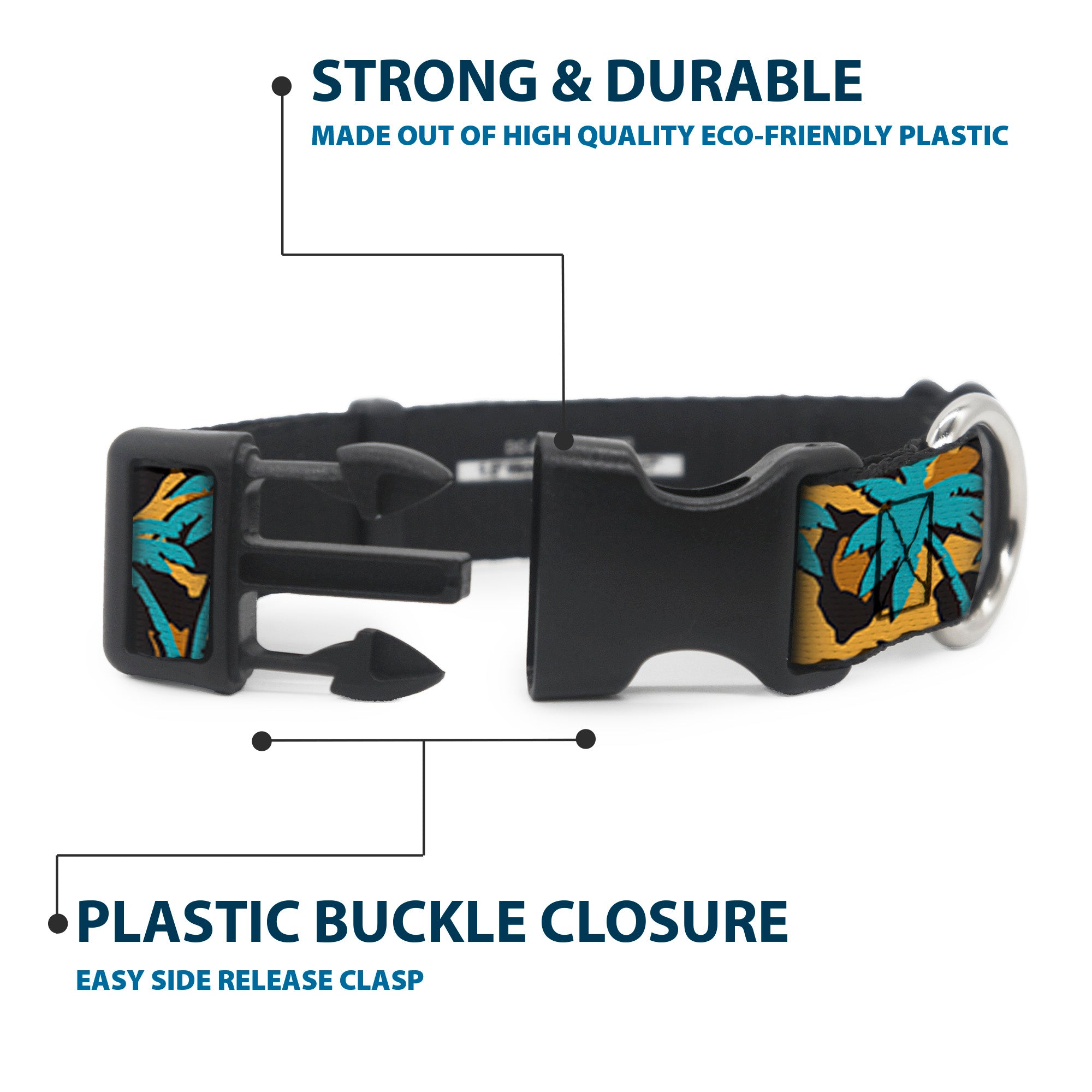 Plastic Clip Collar - Palm Tree Silhouette Leopard Brown/Turquoise Plastic Clip Collars Buckle-Down