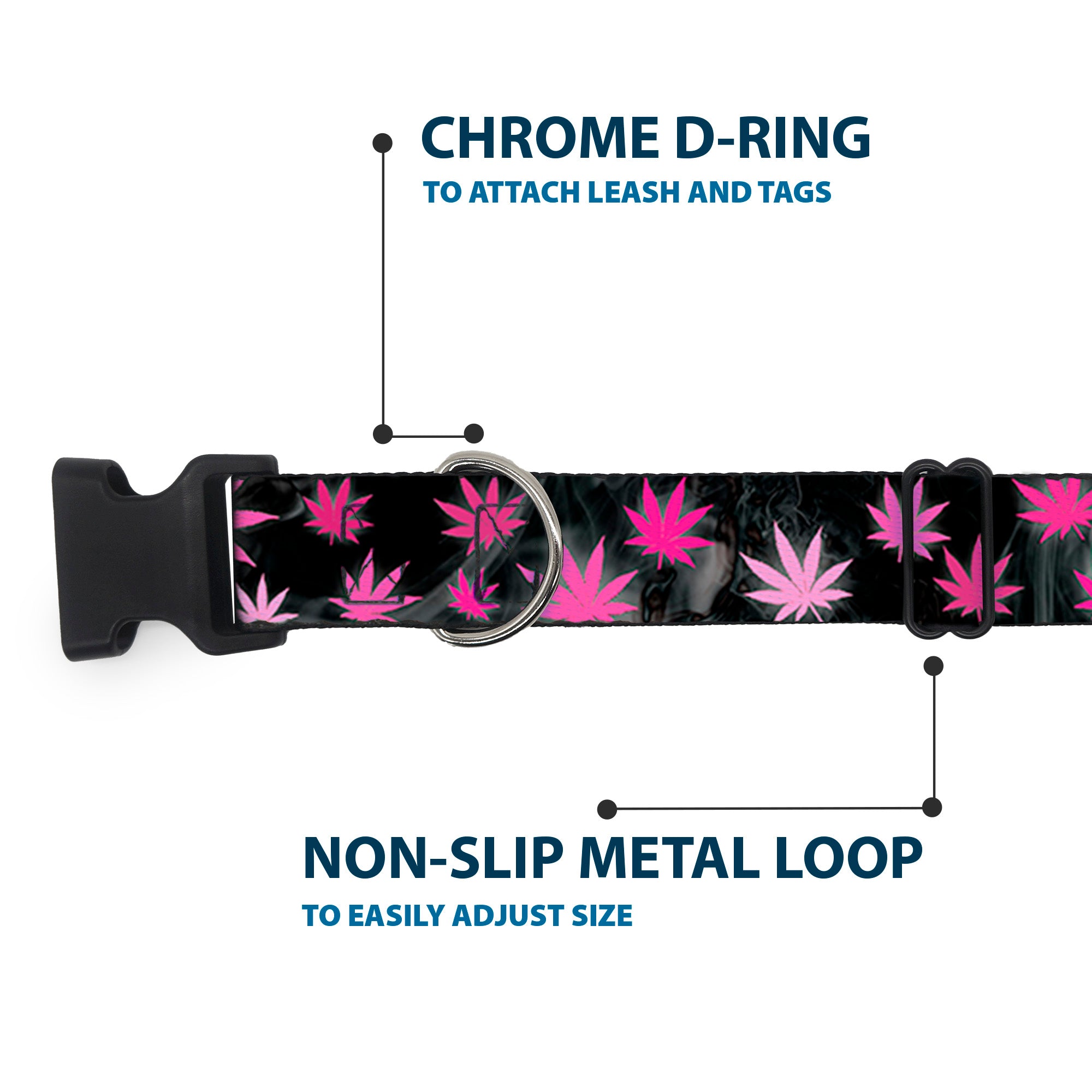 Buckle-Down Plastic Buckle Dog Collar - Pot Leaves/Smoke Black/Pink/White Plastic Clip Collars Buckle-Down