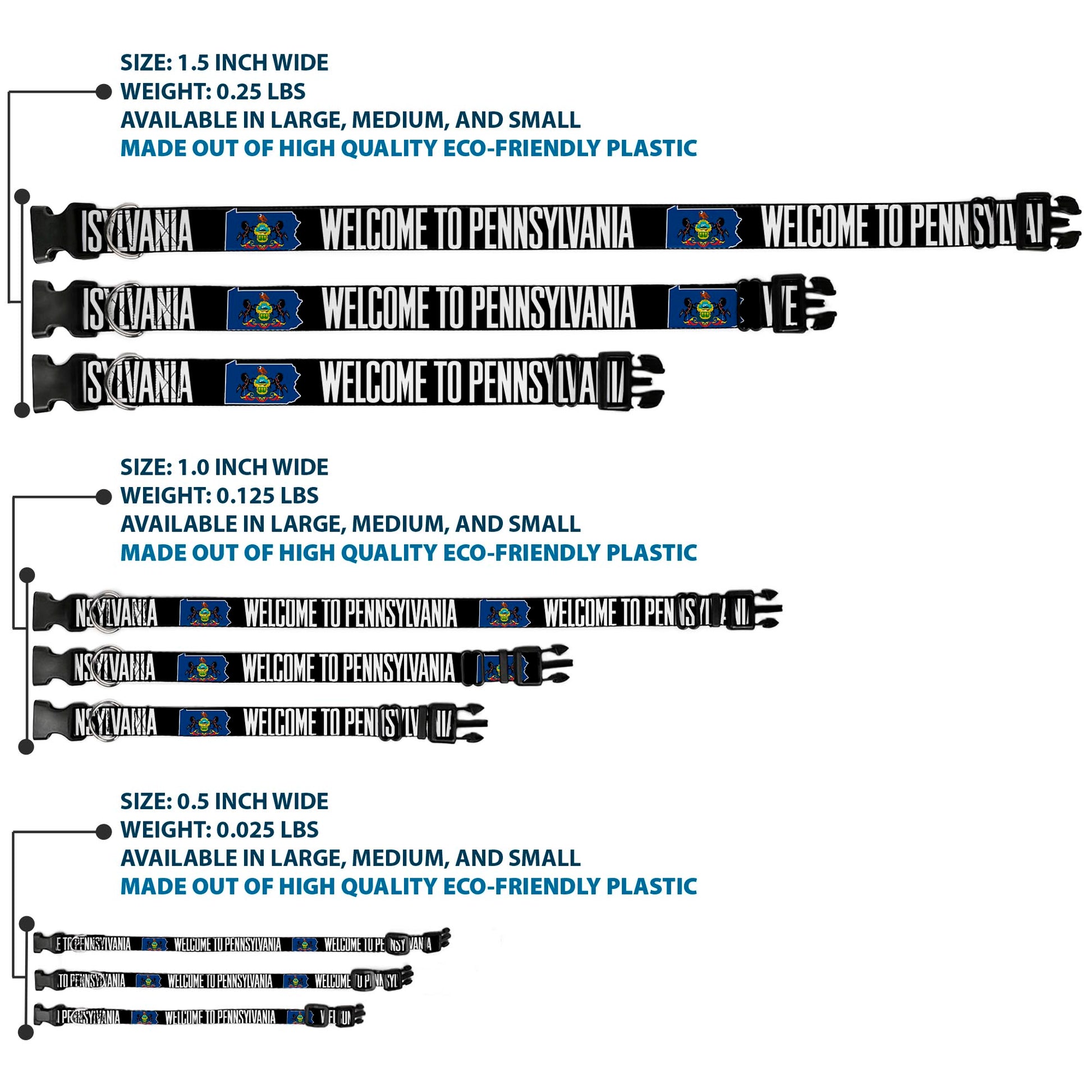 Plastic Clip Collar - Pennsylvania Flag Silhouette WELCOME TO PENNSYLVANIA Plastic Clip Collars Buckle-Down