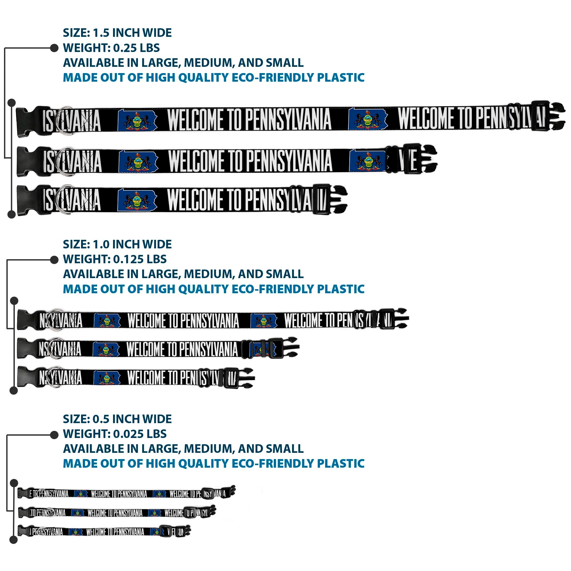 Plastic Clip Collar - Pennsylvania Flag Silhouette WELCOME TO PENNSYLVANIA Plastic Clip Collars Buckle-Down