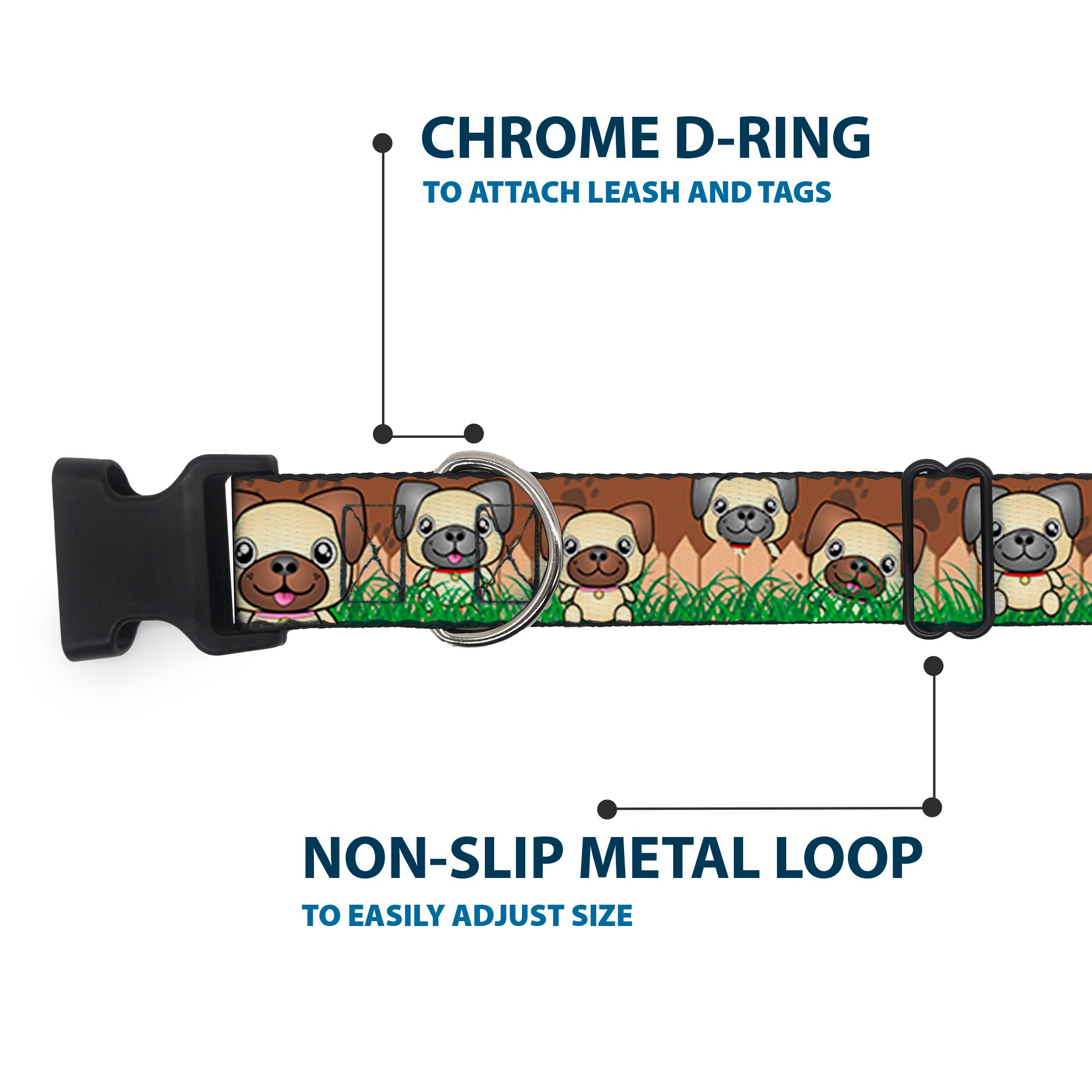 Plastic Clip Collar - Pug Puppies/Paw Prints Browns/Greens Plastic Clip Collars Buckle-Down